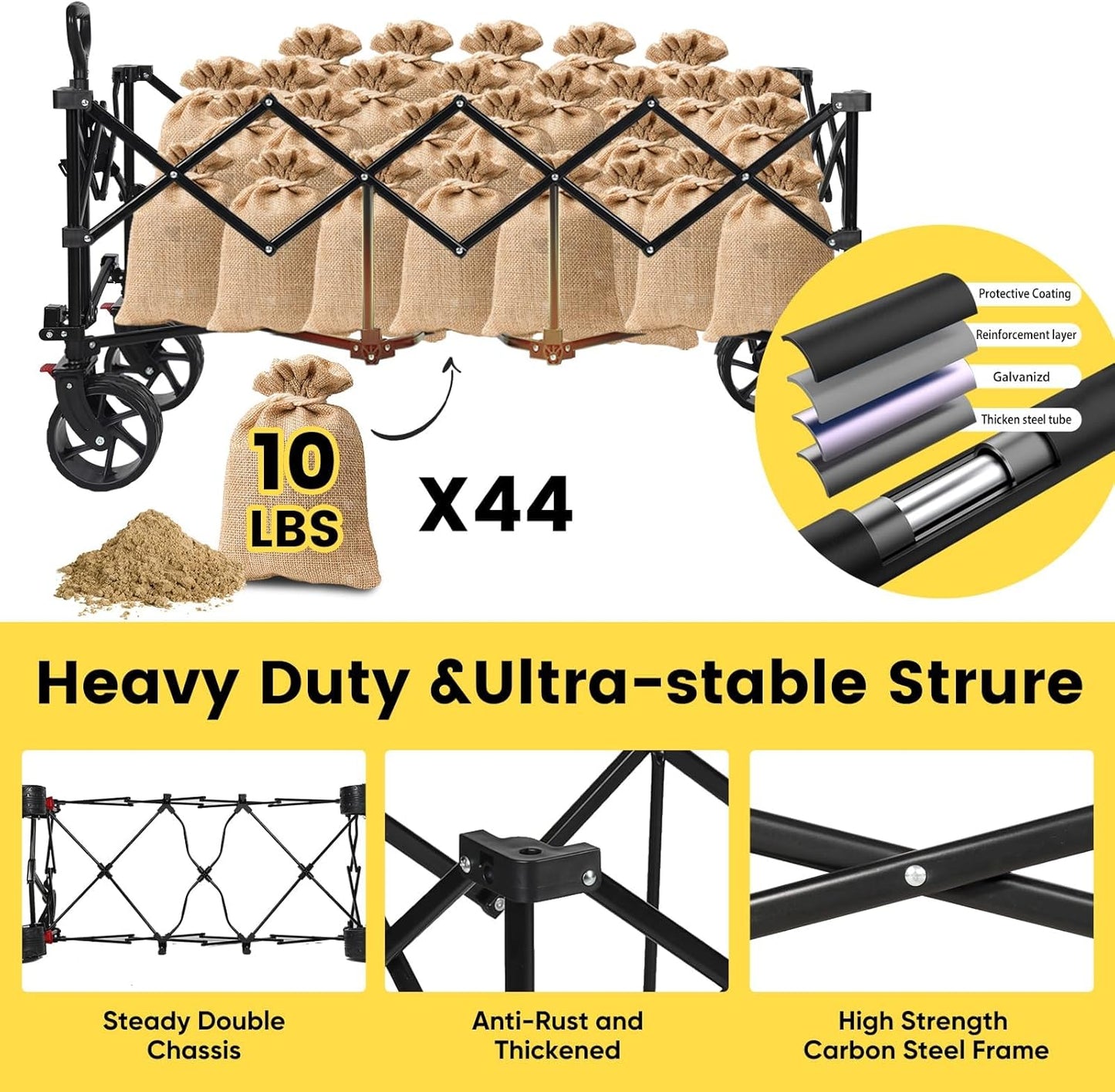 Sekey 48''L Collapsible Foldable Extended Wagon with 440lbs Weight Capacity, Heavy Duty 300L Folding Utility Garden Cart with Big All-Terrain Beach Wheels & Drink Holders. Blue&Grey