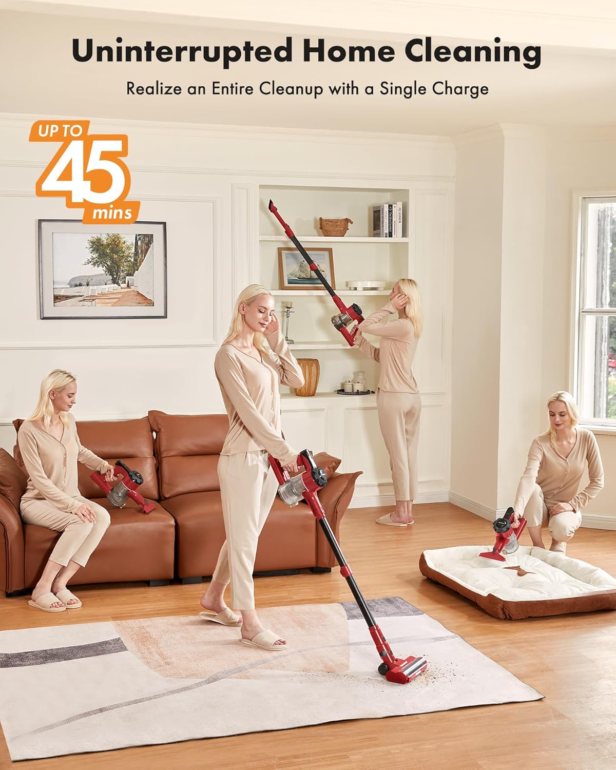 Trucozie Cordless Vacuum Cleaner, 8-in-1 Lightweight Stick Vacuum with 45mins Runtime, Powerful Suction, Rechargeable Cordless Vacuum for Carpet, Tile, Pet Hair, Hardwood Floors, Red