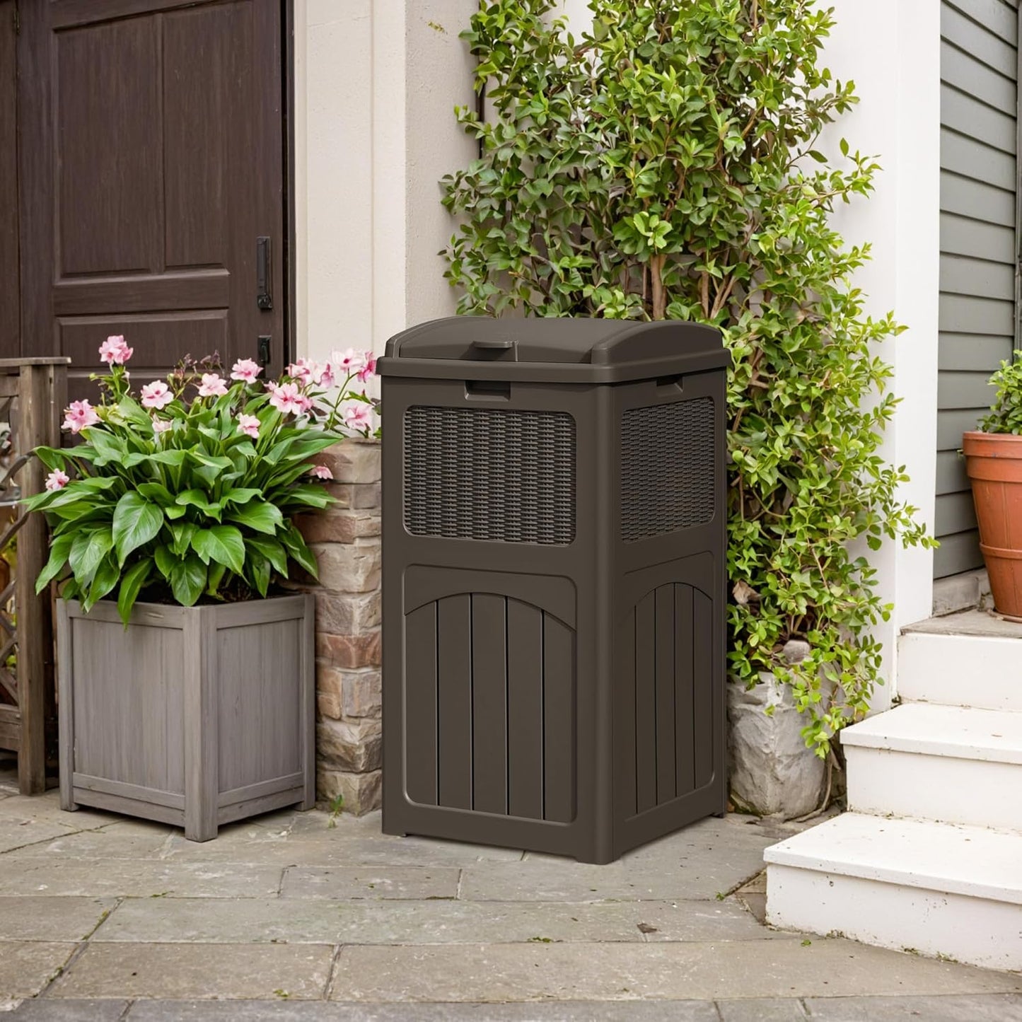 YESHOMY 4 Pack Outdoor Trash Can with Lid, Garbage Bins for Garden, Porch, Home and Kitchen, Brown