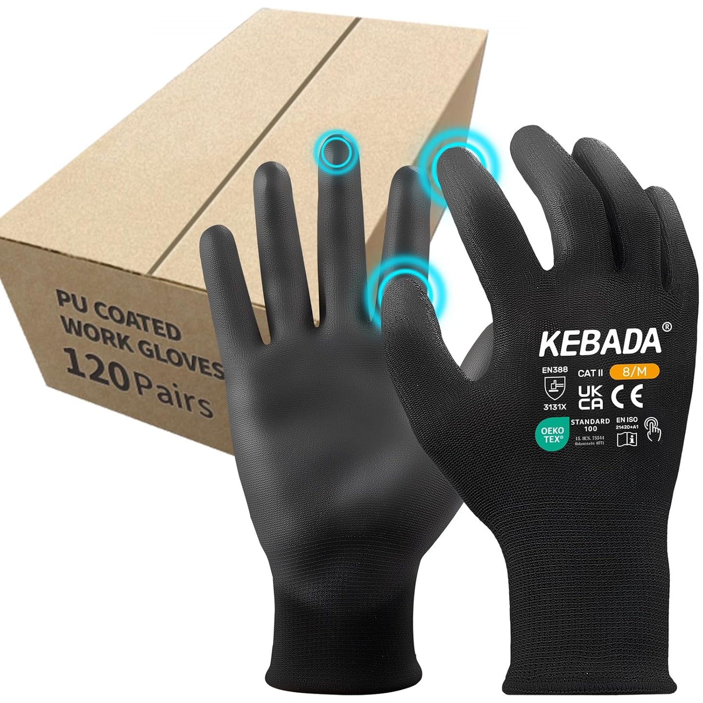 Kebada Safety Work Gloves,120 Pairs Bulk Pack, Touchscreen, PU Coated, Ideal for Warehouse, Construction, Gardening and Mechanics, Black, Small