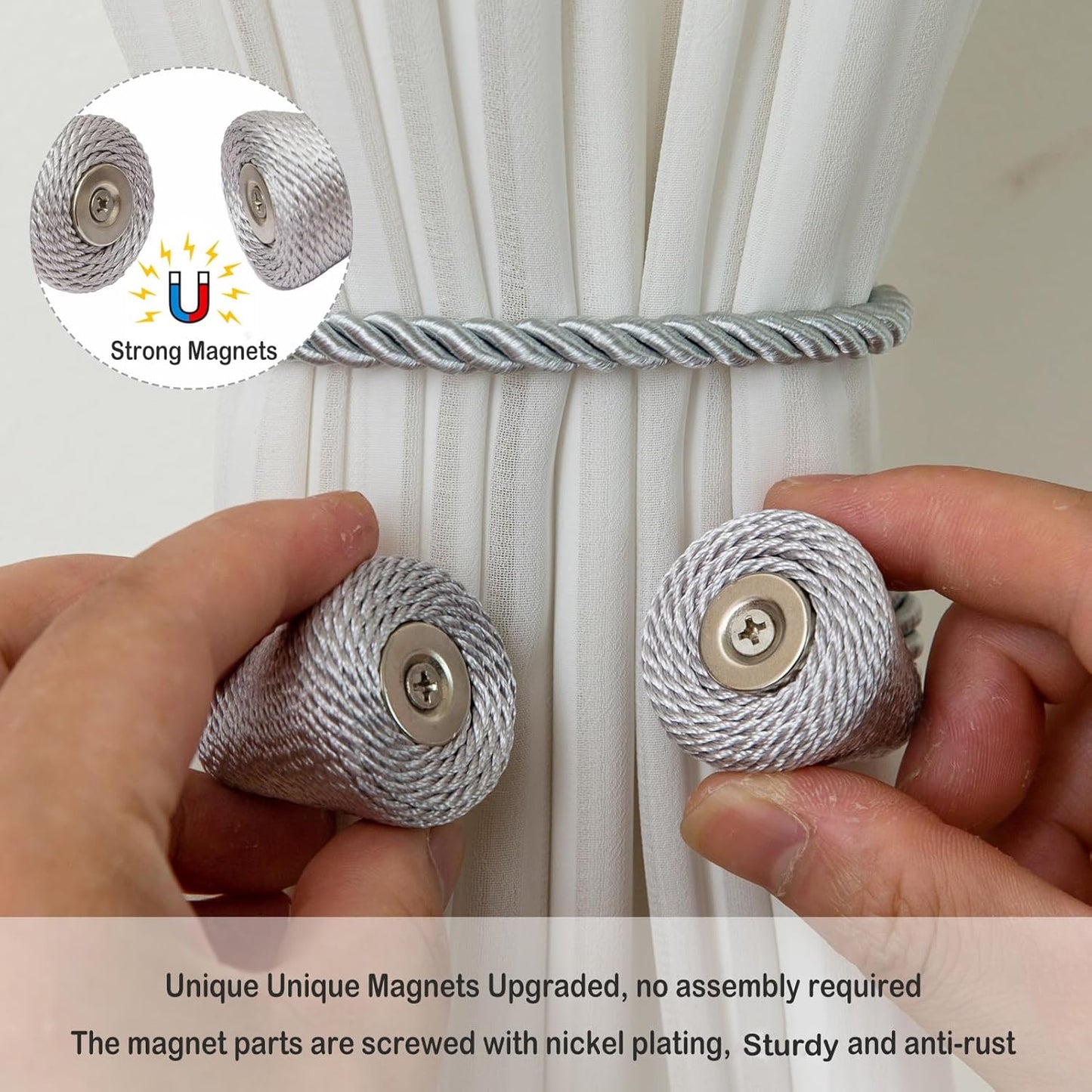 Magnetic Curtain Tiebacks 6 Pack Outdoor Rope Curtain Tie Backs Decorative Window Treatment Holdbacks for Home Decorative Curtain, Grey
