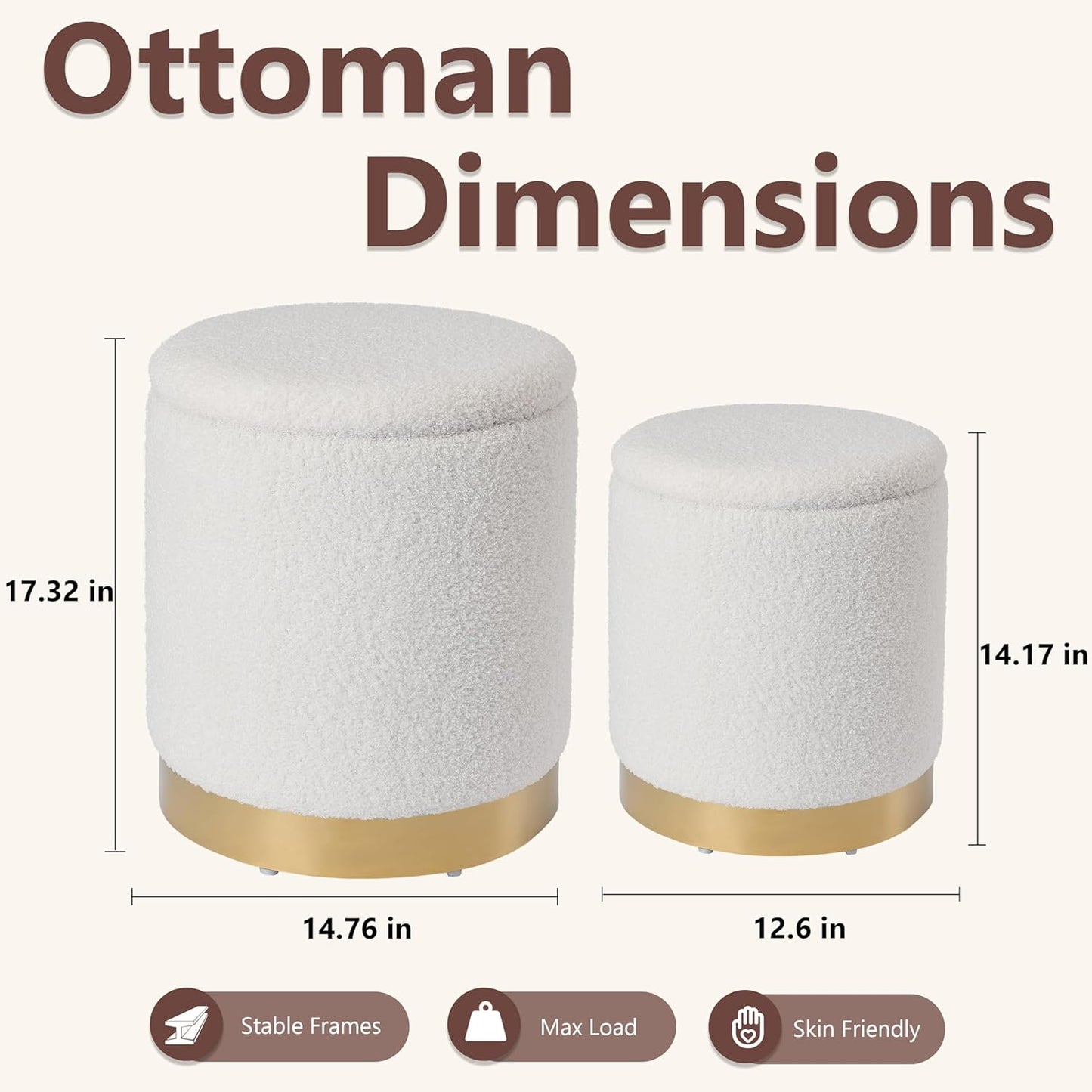 Royal Windsor Boucle Round Ottoman with Storage Set of 2, Vanity Stool with Storage for Bedroom, Ottoman Coffee Table Gold-Tone Ring Around The Base, Small Foot Stool for Living Room, White