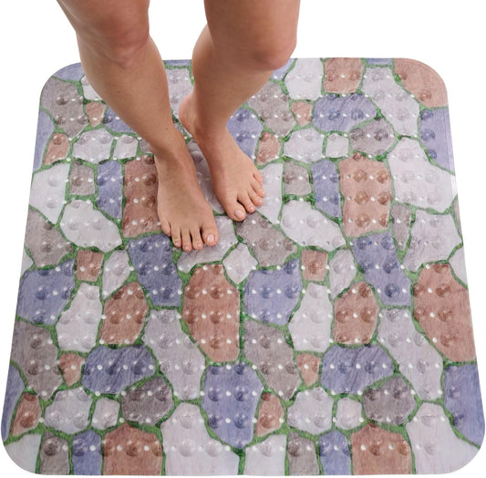 ENKOSI Extra Large Square Non Slip Shower Mat - 31 x 31-inch XL Bathroom Shower Mat - Square Shower Mats for Shower Stall Floors | Secure Suction Cups and Drain Holes (31x31 Stone Path)
