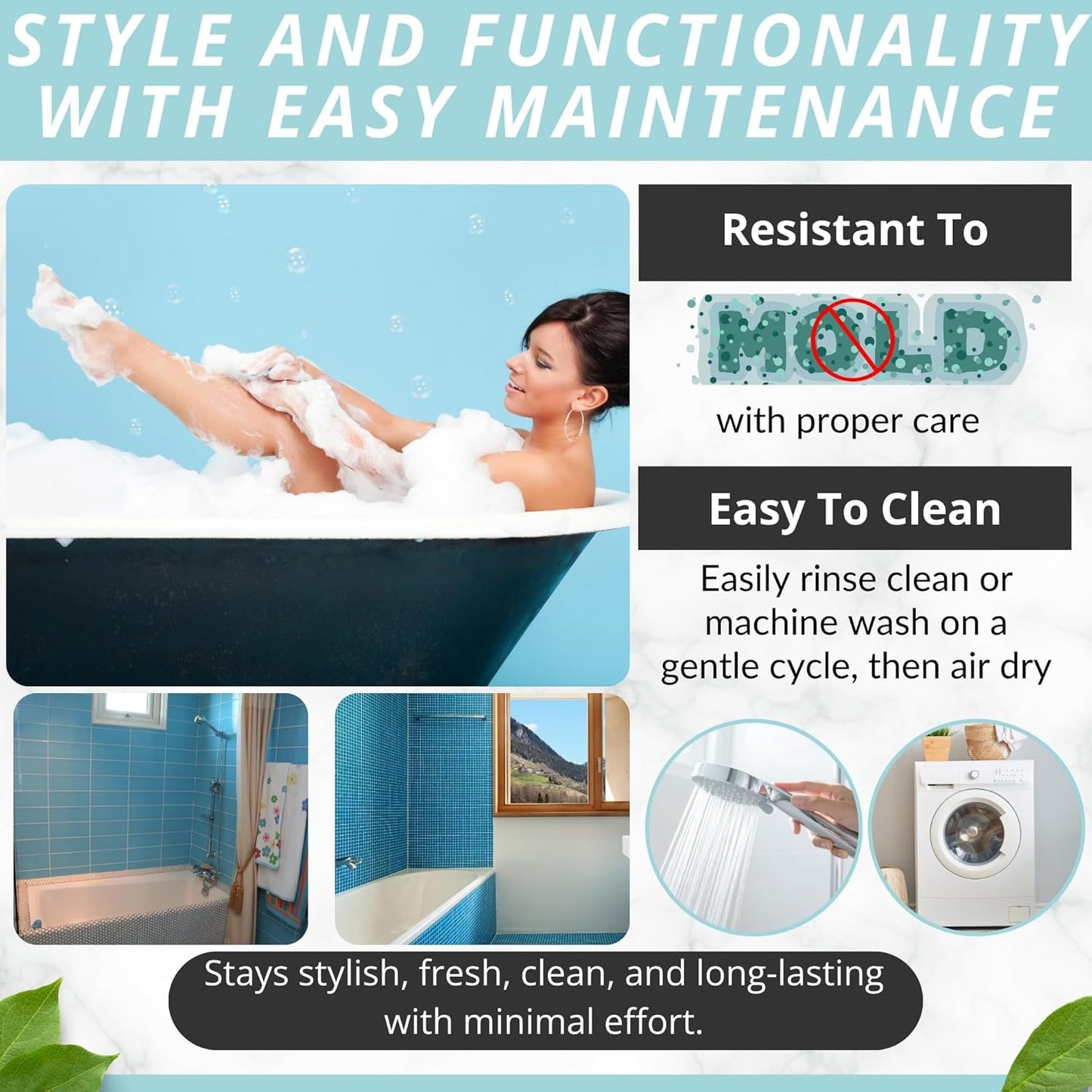 ENKOSI Non-Slip Bath Mat - Extra Long 40 x 16 Inch Large Anti-Slip Tub & Shower Mat with Suction Cups and Drain Holes for Bathroom Bathtub Safety and Decor (40x16 Aqua Blue)