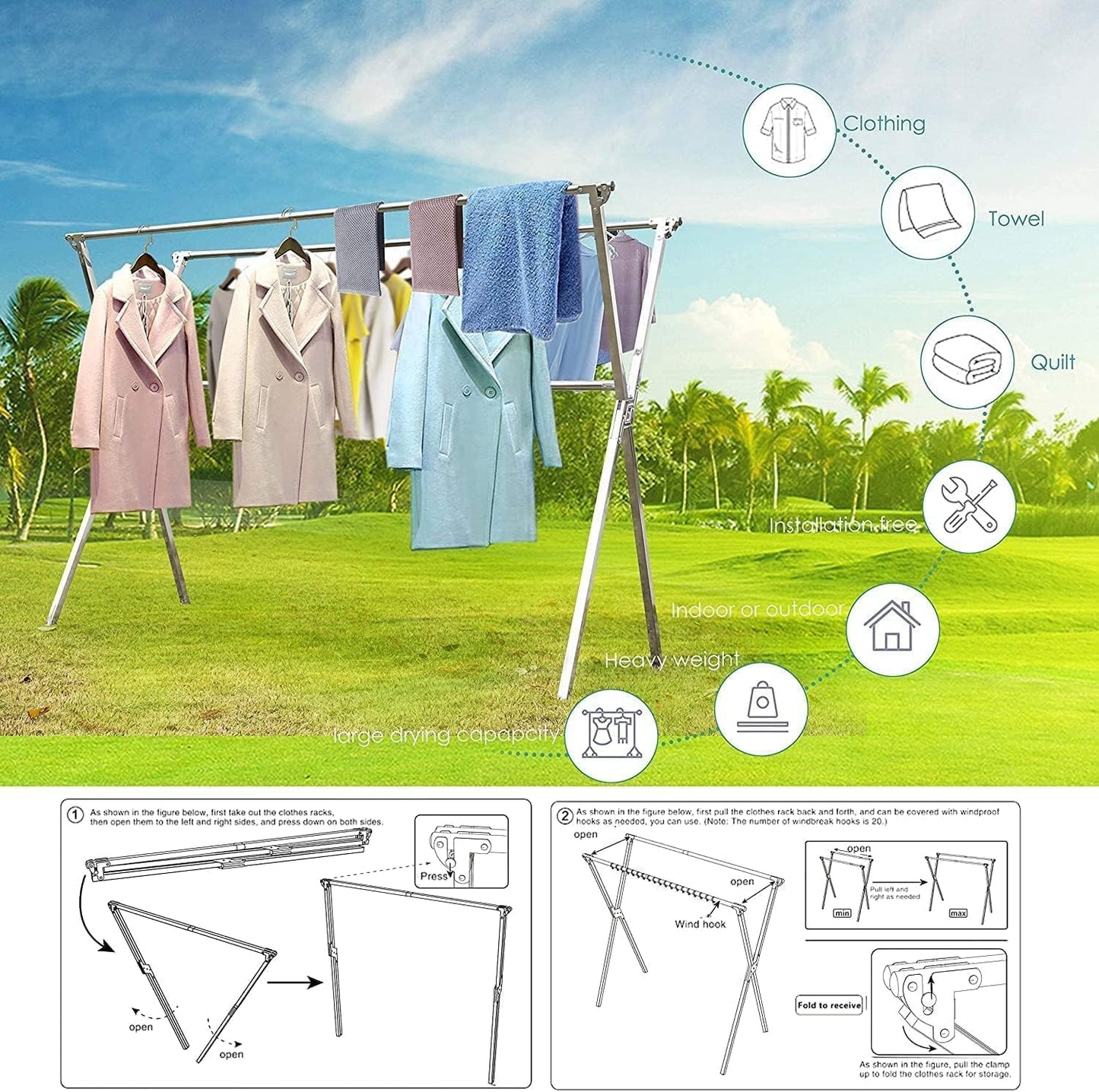 Clothes Drying Rack Folding Indoor Outdoor, Foldable Portable Laundry Drying Rack, Heavy Duty Laundry Hanger Dryer Rack with 20 Hooks