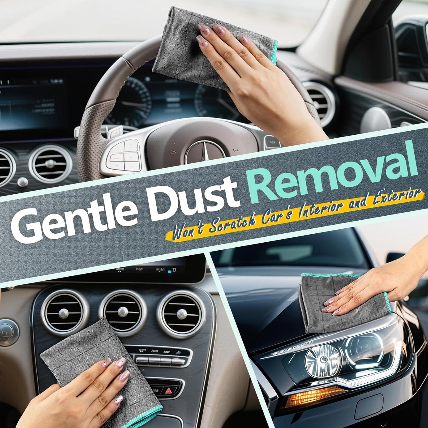 Airlab Microfiber Cleaning Cloth for Glass Cleaner Window Polishing Car Auto Detailing Lint Free Drying Dishes Kitchen Bathroom Magic Cleaning Cloths, Pack of 3, 12" x 12", Grey-Green