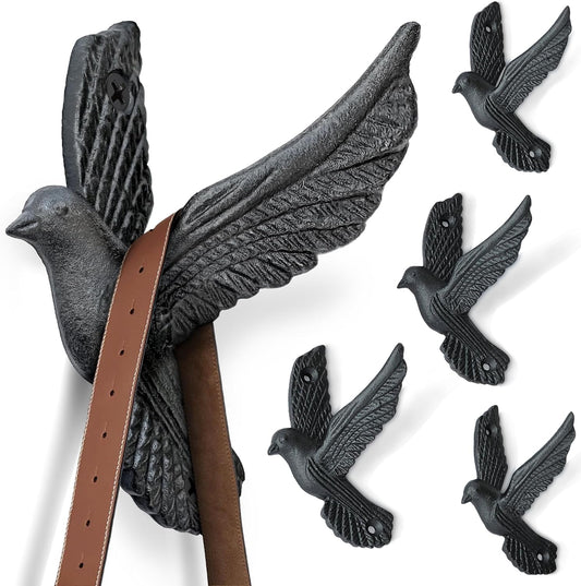 Ambipolar Flying Style Iron Cast Decorative Pigeon Bird Wall Mounted Coat Hooks, 5 Pieces, Black