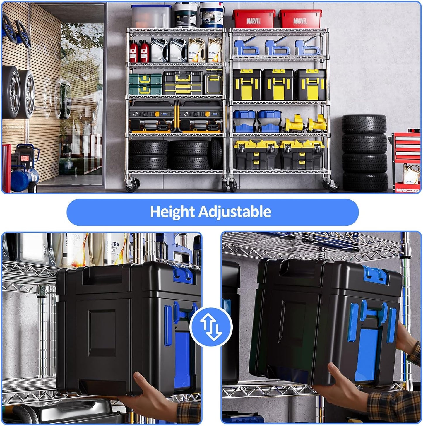 IZEUK 5-Tier Storage Shelving Unit with Wheels, Adjustable Heavy Duty Steel Wire Rack Organizer (Chrome, 17.7" D x 47.2" W x 76.7" H, 1750 lbs Capacity) for Garage, Kitchen, Pantry, Laundry, Basement