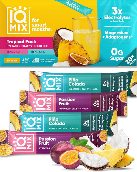 IQMIX Hydration Electrolyte Powder – 4-in-1 Formula for Hydration, Mental Clarity, Mood and Recovery – Sugar-Free Drink Mix, Keto, Magnesium L-Threonate, Lion’s Mane – 20 Count Tropical Variety Pack