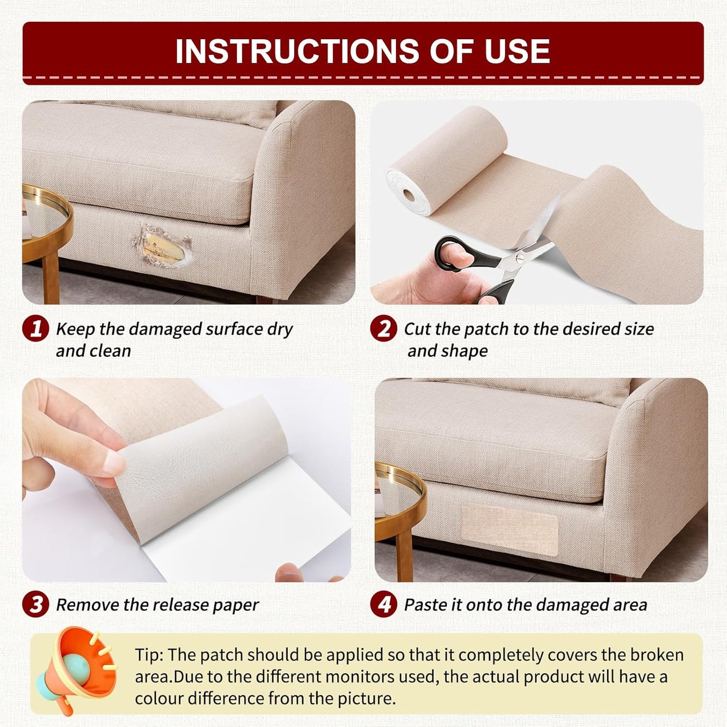 Linen Repair Tape 16x90 inch, Self Adhesive Fabric Patches, Linen Patch Tape Kit, Fabric Repair Tape for Couch Sofas, Headboards, Chairs, Pillows, Curtains, Couches - Beige