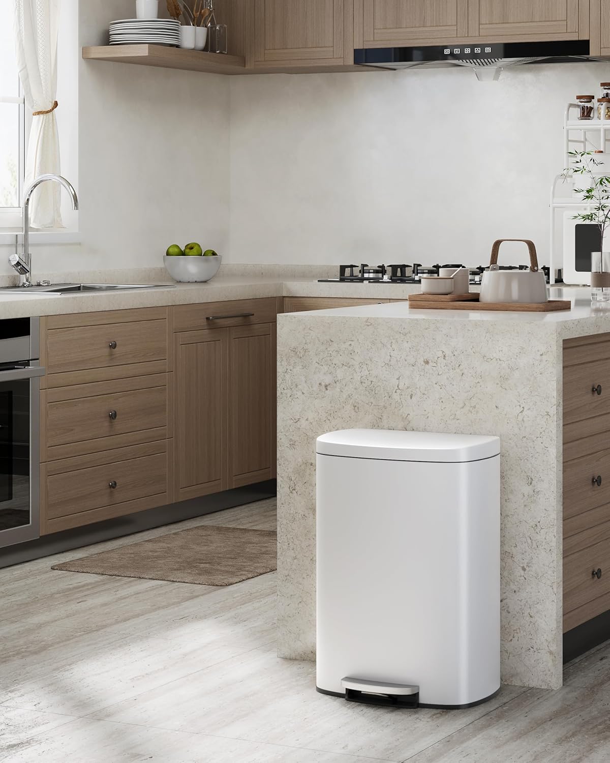 Garvee 13 Gallon / 50 Liter Metal Kitchen Trash Can with Lid, Large Rustproof Garbage Can for Kitchen, Step-on Trash Bin with Inner Bucket, Rear Handle, Soft Close Lid, White