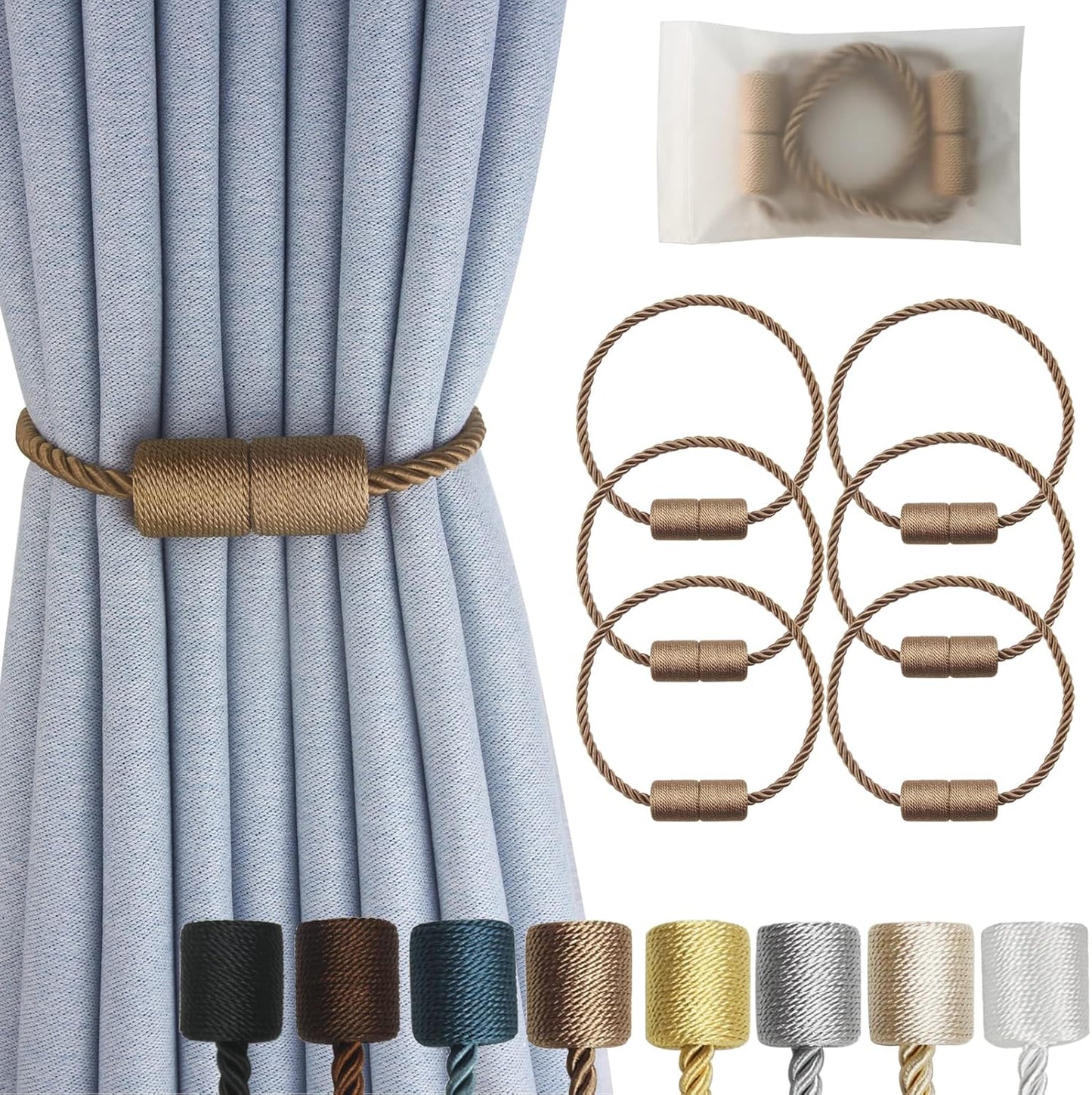 Magnetic Curtain Tiebacks 6 Pack Khaki Curtain Rope Tieback Curtain Holders for Drapes Modern Tie Backs Decorative Curtain Holdbacks