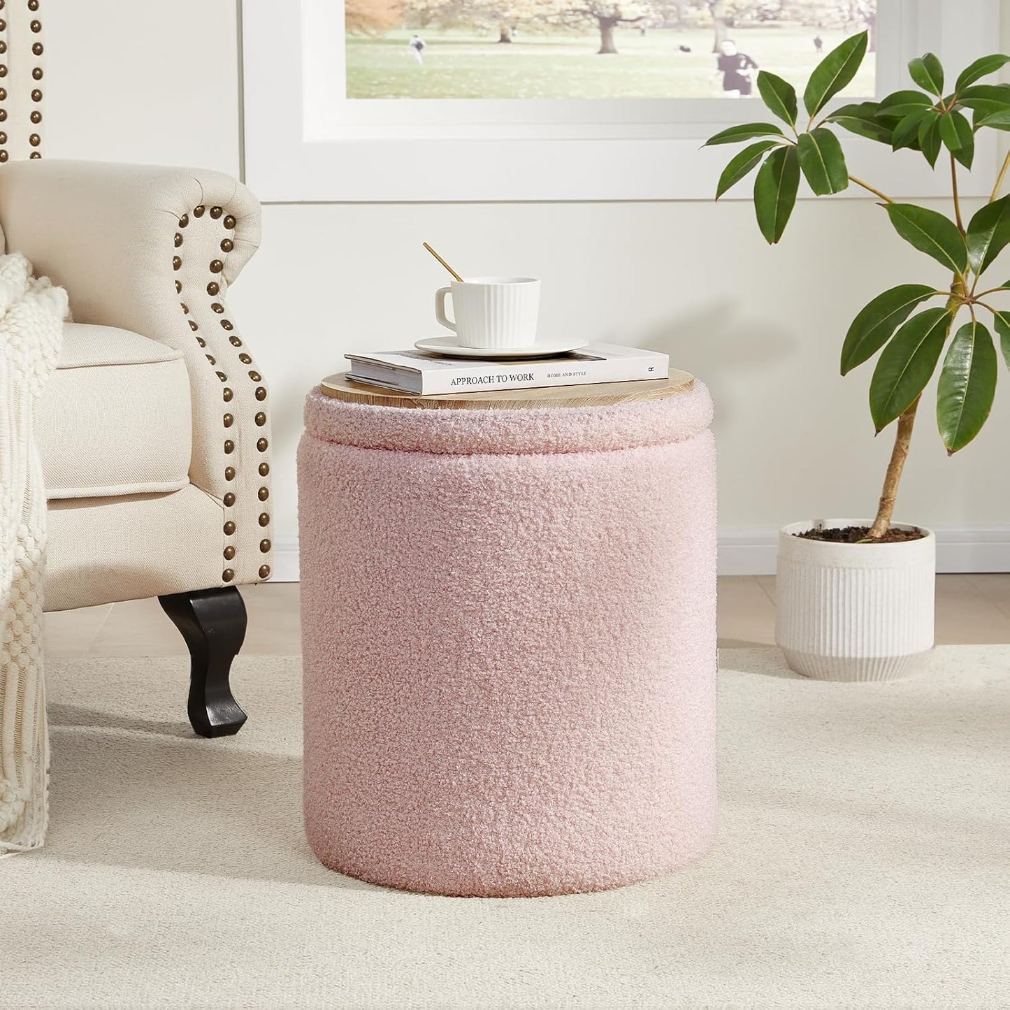 Boucle Round Ottoman with Storage Set of 2,Small Foot Stool Ottoman for Living Room, Small Coffee Table,Vanity Stool with Storage for Bedroom, Pink