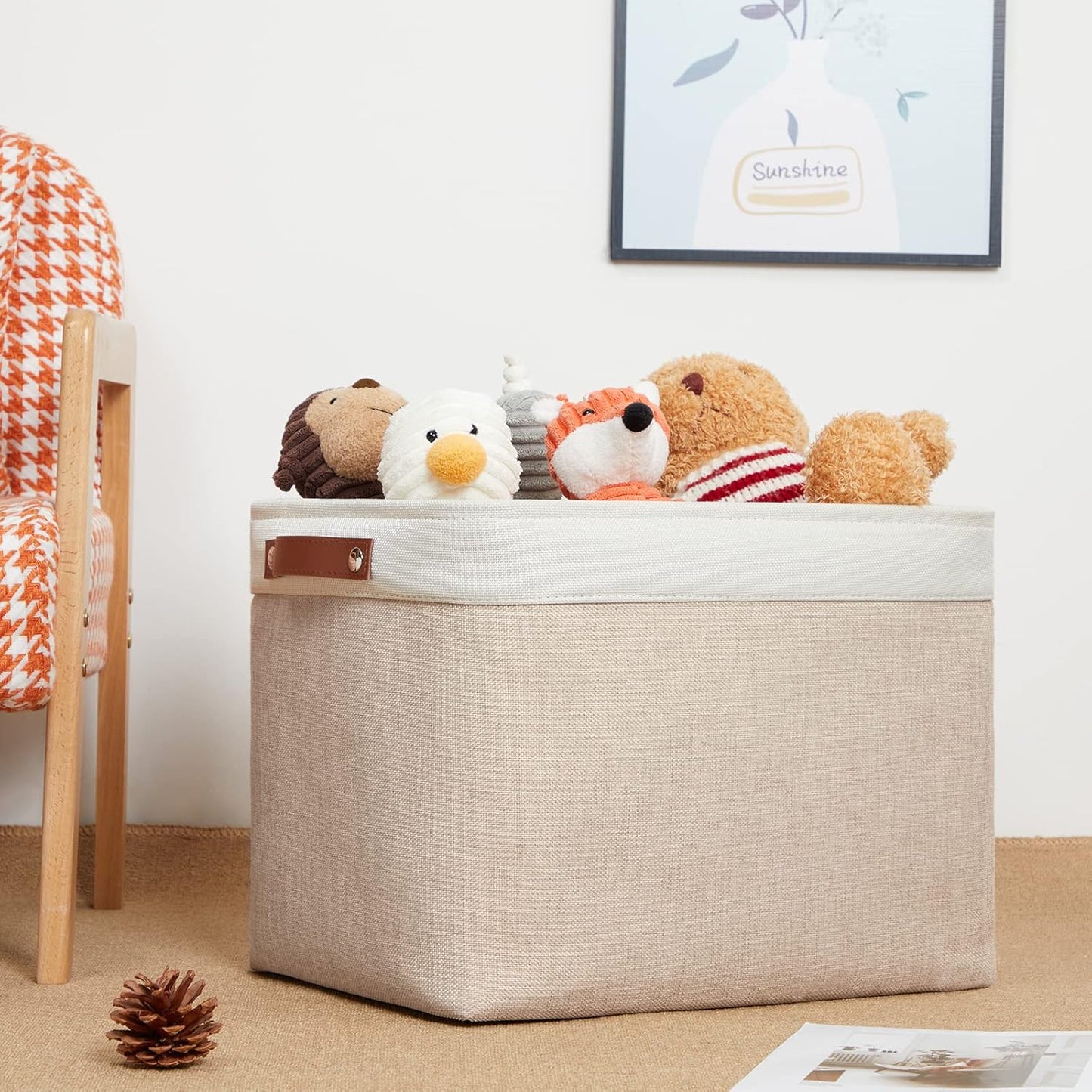 DULLEMELO 2-Pack Large Storage Baskets for Organizing 16"x12"x12" Canvas Fabric Storage Basket Bins With Leather Handles for Shelf Clothes Empty Gift Basket (White&Khaki)