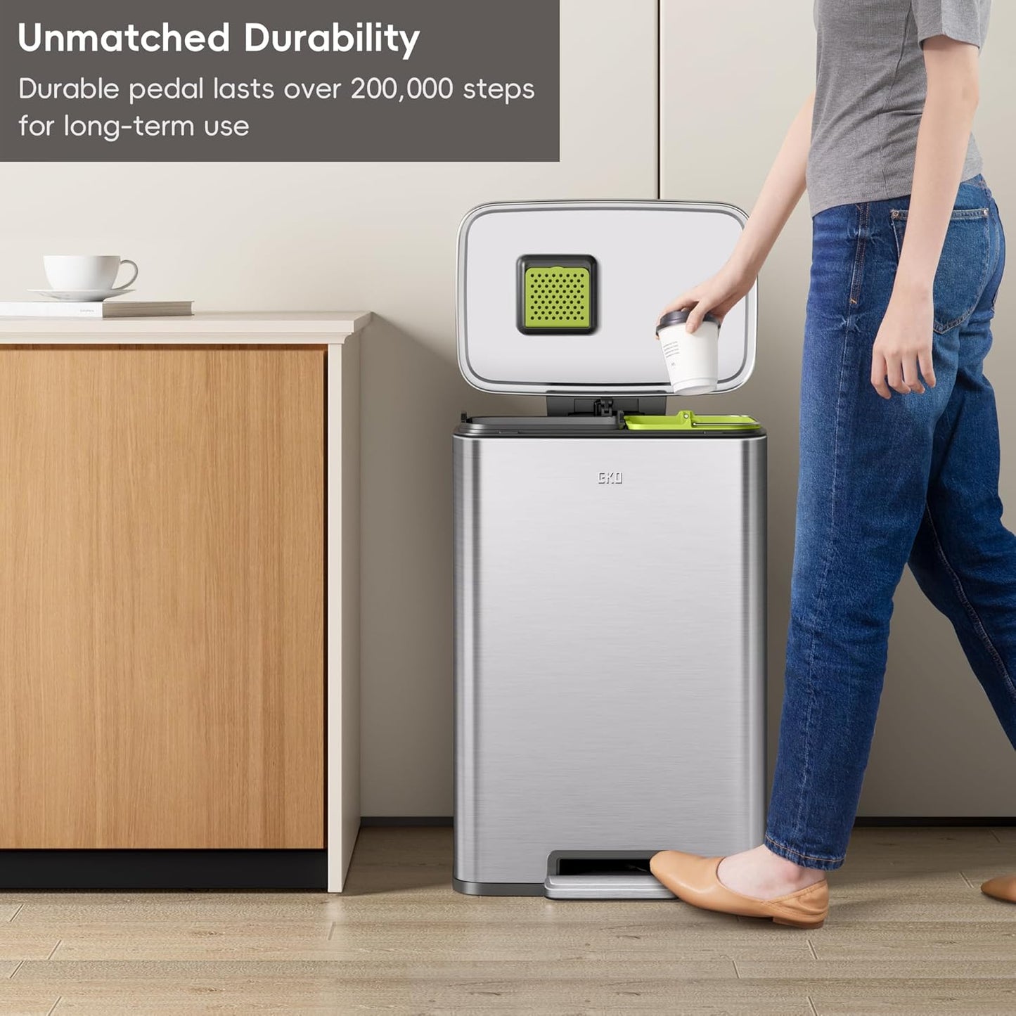 EKO Madison Brushed Stainless 25L+20L Dual Compartment Step Trash Can with Inner Liner, Recycling Bin, Soft-Close Lid, Fingerprint-Resistant Finish, and Durable Stainless Steel for Home and Office