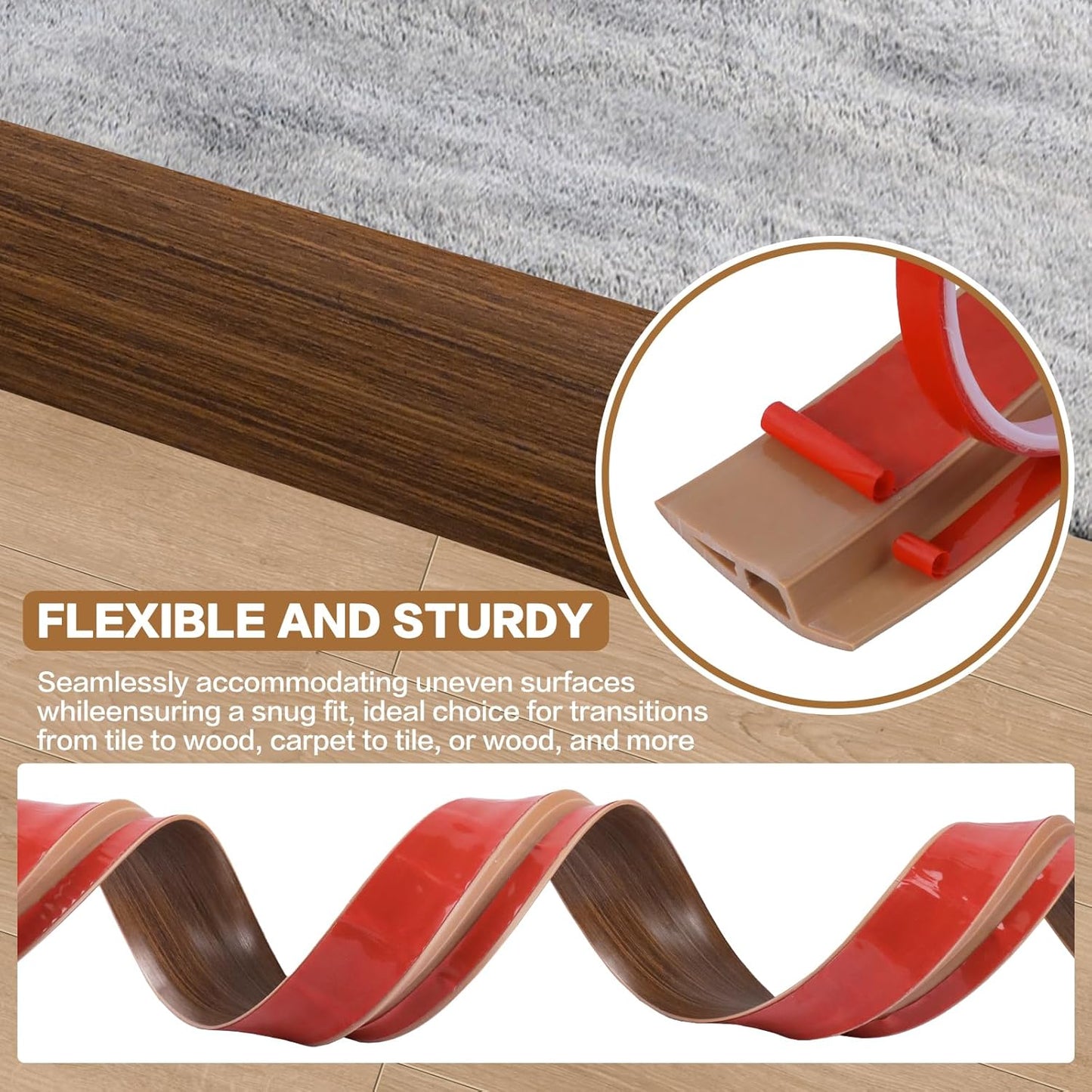 Floor Transition Strip Vinyl Door Threshold Ramp Self Adhesive Carpet Edging Strip Doorway Edge Trim, Overlap Edge Reducer for Laminate Carpet, Floor, Tile (Brown Wood Grain, 3/5" to 4/5", 6.6Ft)