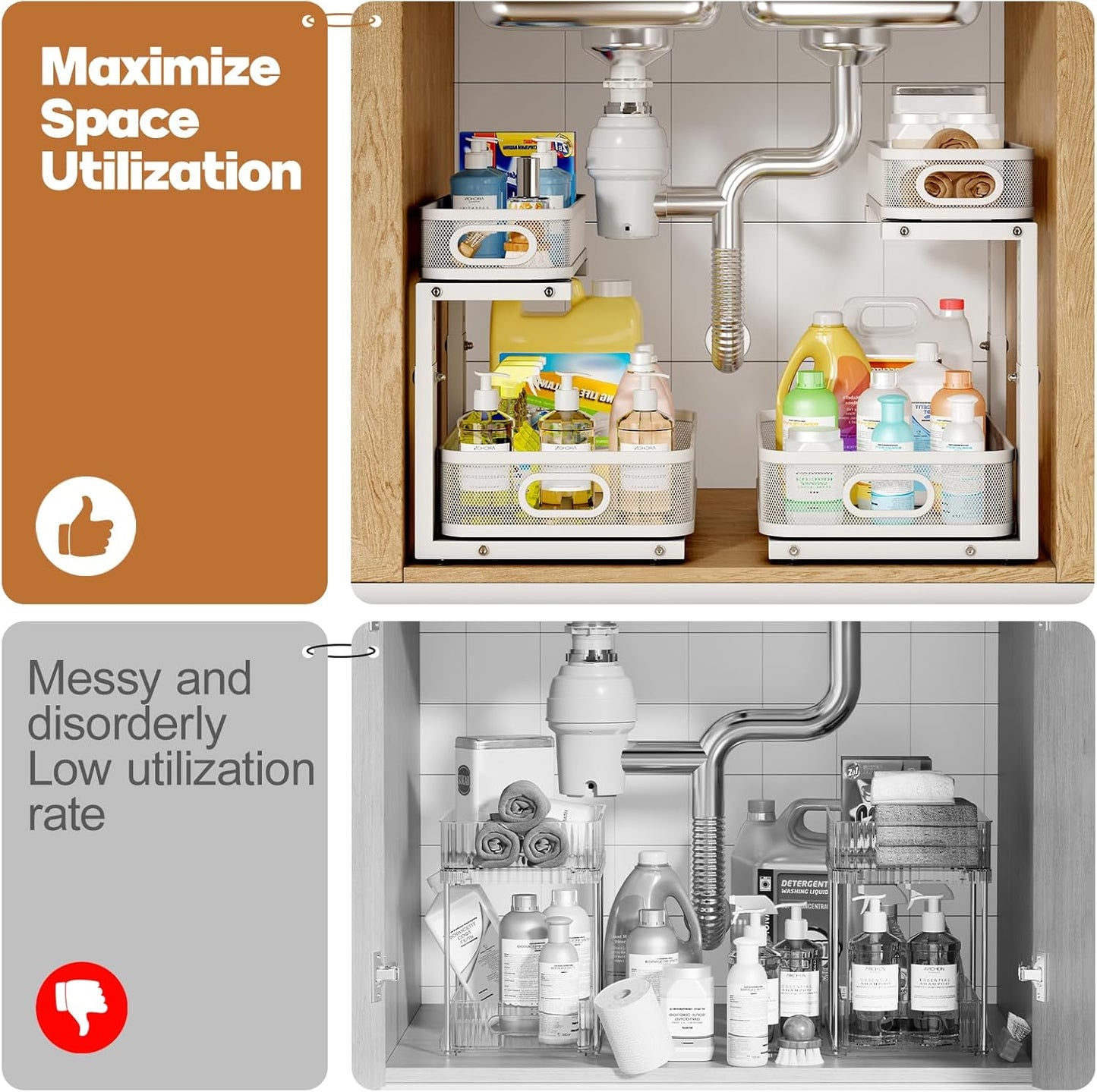 1 Pack 15.7IN-Depth Under Sink Organizer With Smooth Cylindrical Rail,2-Tier Pull Out Multi-Purpose Cabinet Storage for Bathroom&Kitchen,Height Adjustable,Rust-resistant Coating-White