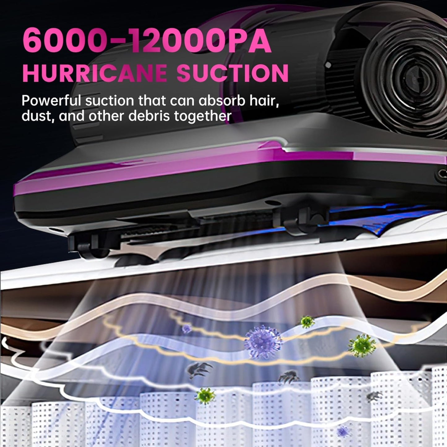 PATO Mattress Vacuum Cleaner, Wireless Handheld Bed Vacuum Cleaner With UV-C Light, HEPA Filter and Ultrasonic Vibration, 12KPa, Suitable for Beds, Sofas, Car Seats, Carpets (Purple;)