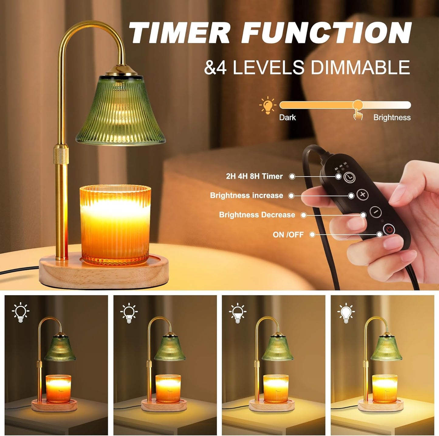 Candle Warmer Lamp, Height Adjustable Candle Warmer with Timer & Dimmer, Electric Candle Lamp with 2 50W Bulbs, Wax Melt Warmer for Scented Jar, Vintage Home Decor Glass Shade(Light Green)