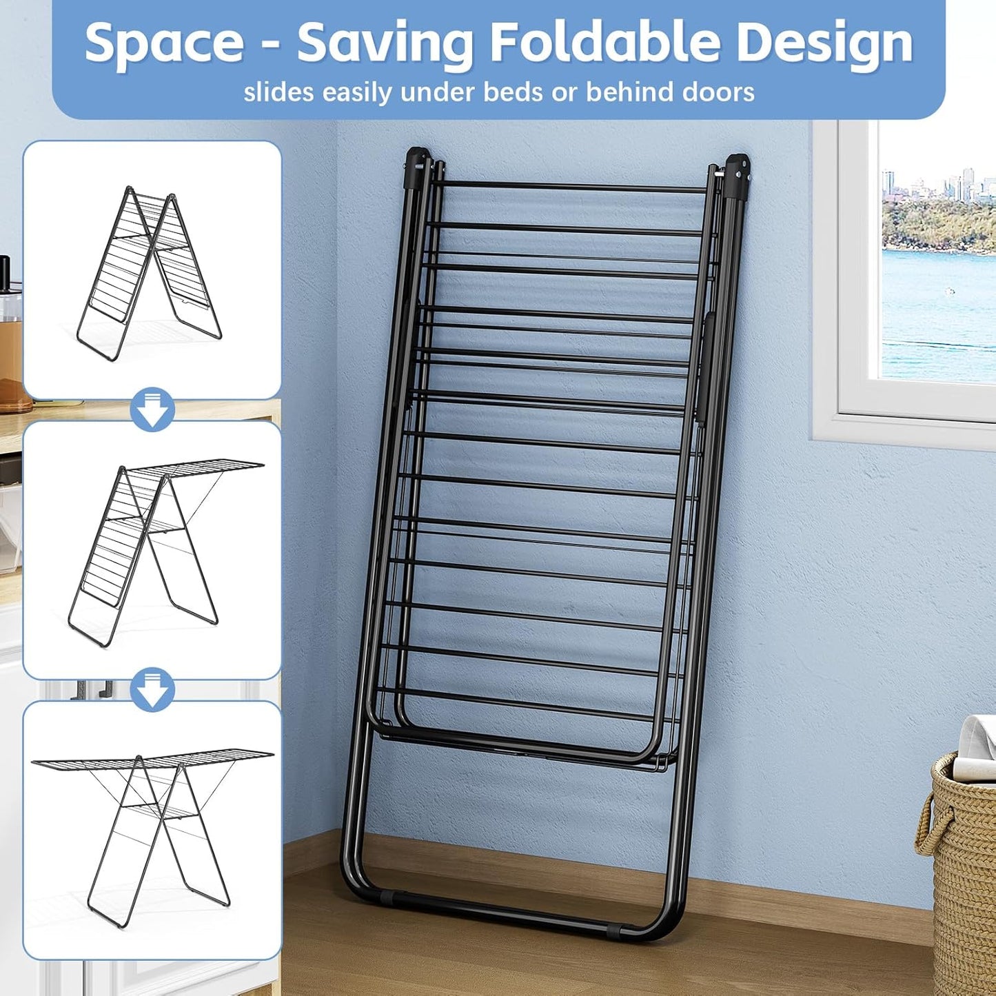 KINGBOARD Clothes Drying Rack Foldable, Drying Rack Clothing with Height-Adjustable, Metal Laundry Rack, Indoor Outdoor Use, No Assembly, 20.47"x 70"x 42.52", Black