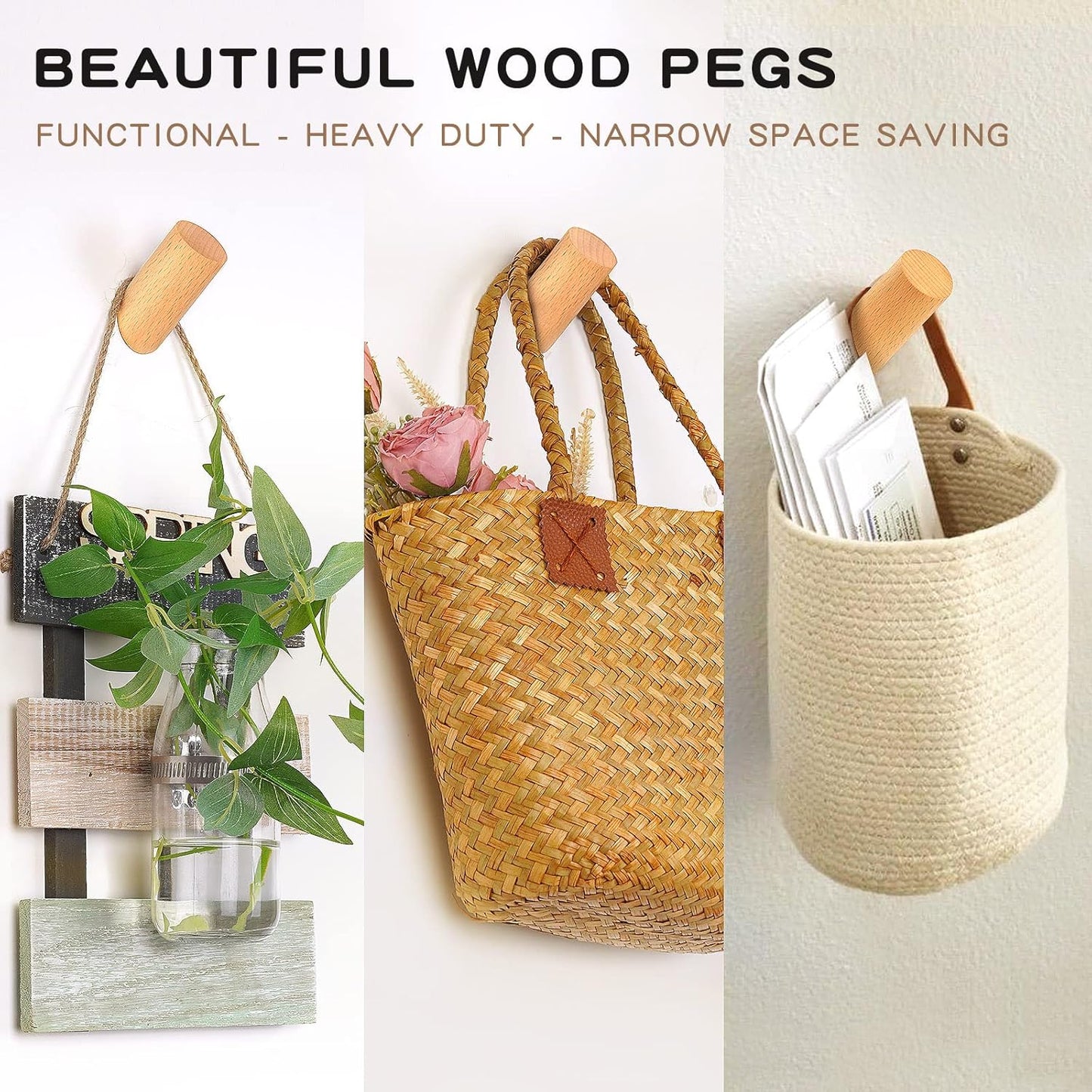 Wood Wall Hooks, 4 Pack Coat Hooks Mounted Rustic Wooden Heavy Duty Robe Hook Hat Rack | for Hanging Bathroom Towels Clothes Hanger (Beech Wood)