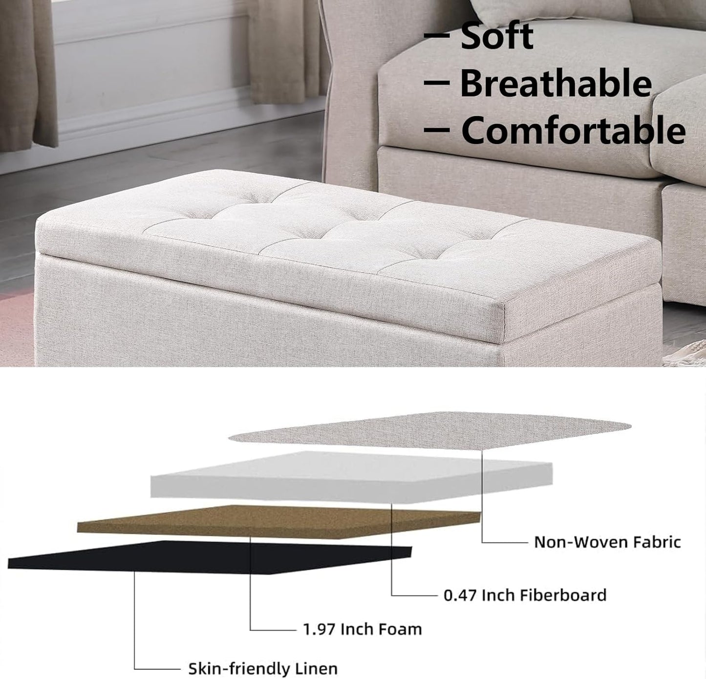 Storage Ottoman Bench with 2.56-inch Thick Seat, 31.5 inch Nesting Ottoman Set of 2, Hinged Flip Top Bench with Storage for Living Room, Bedroom, Beige