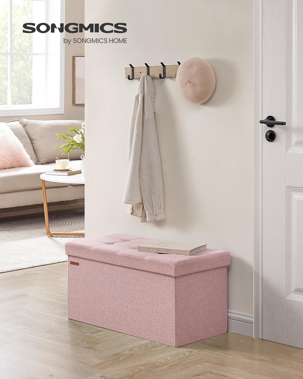 SONGMICS Mazie Collection - 30 Inches Folding Storage Ottoman Bench, Ottoman Foot Rest, End of Bed Bench, Storage Chest, Load 660 lb, for Living Room, Bedroom, Entryway, Jelly Pink ULSF047R11