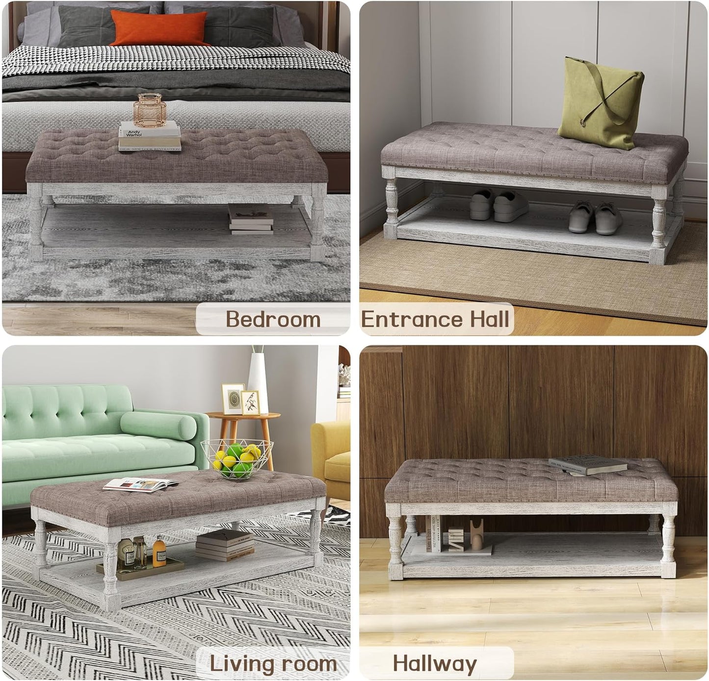 48" Large Ottoman with Storage Coffee Table, Upholstered Tufted Linen Ottoman Bench with Solid Wood Shelf for Living Room, Bedroom, Holds 250lbs (Light Gray)