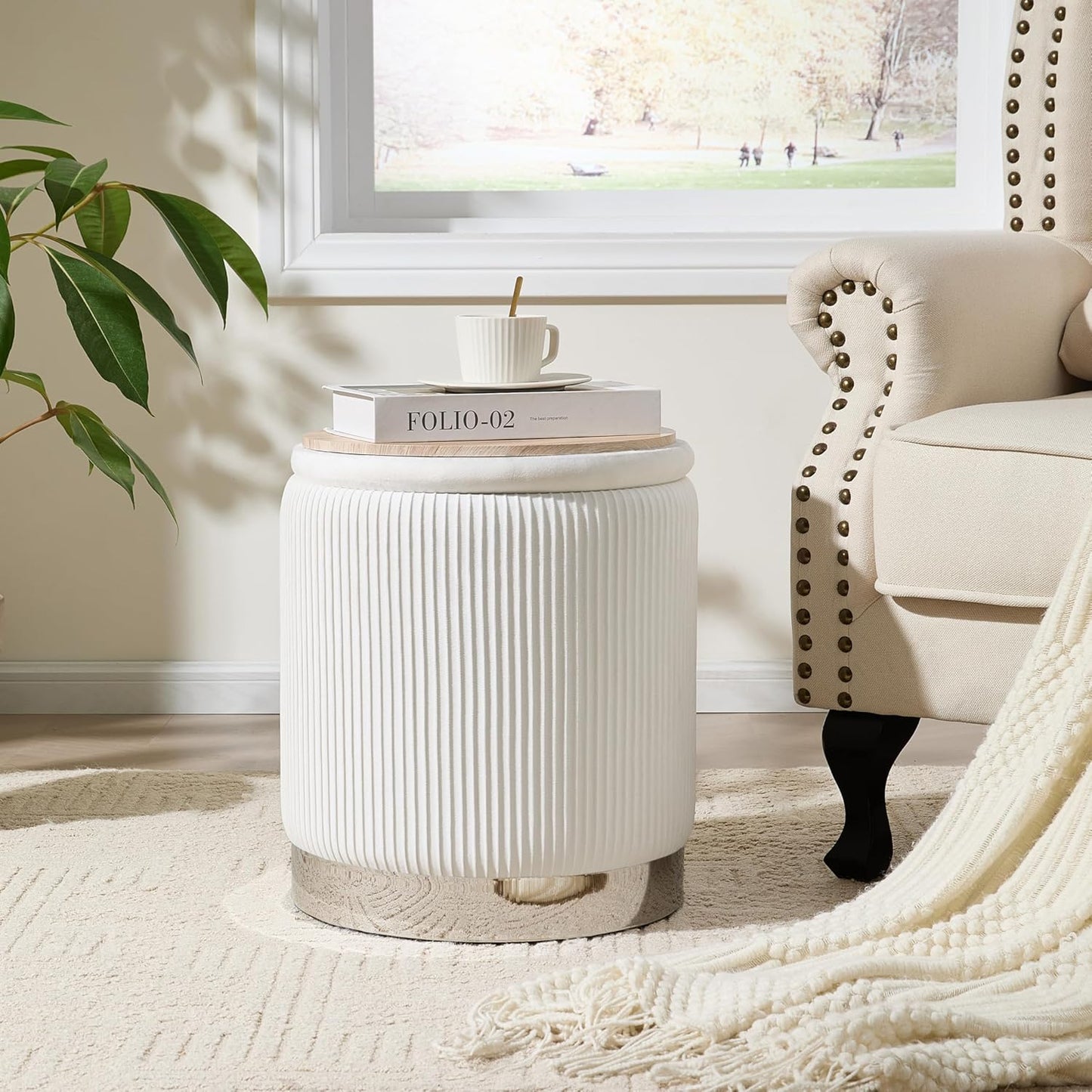 Royal Windsor Round Ottoman with Storage Set of 2, Vanity Stool with Storage for Bedroom, Ottoman Coffee Table Silver-Tone Ring Around The Base, Small Velvet Foot Stool for Living Room, White