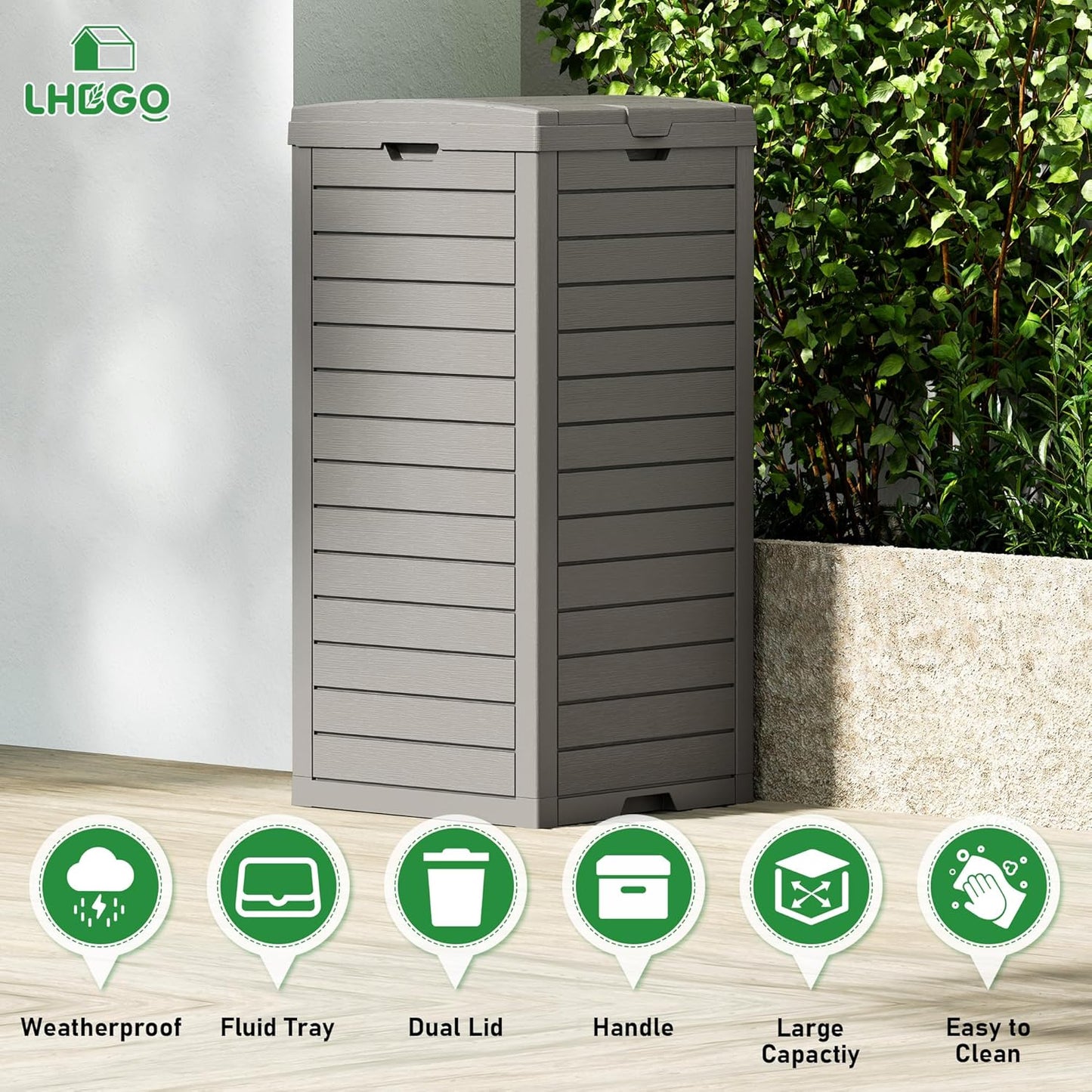 Outdoor Trash Can, 31 Gallon Garbage Can with Tiered Lid and Drip Tray, Waterproof Resin Patio Waste Bin for Garden, Backyard, Deck