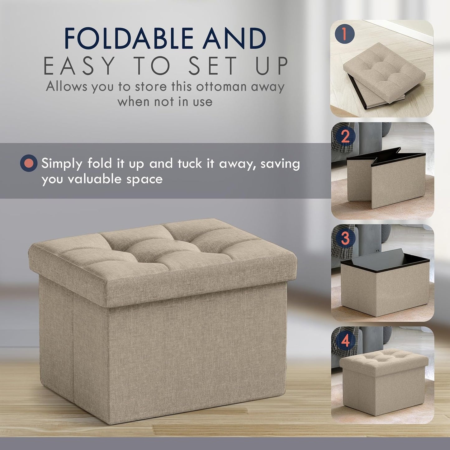 Ornavo Home Small Storage Ottoman, Set of 2, Foldable Collapsible Rectangle Linen Ottoman Foot Rest Stool Seat, for Living Room, Bedroom, Home Office, Dorm - 12 x 16 x 12, Taupe