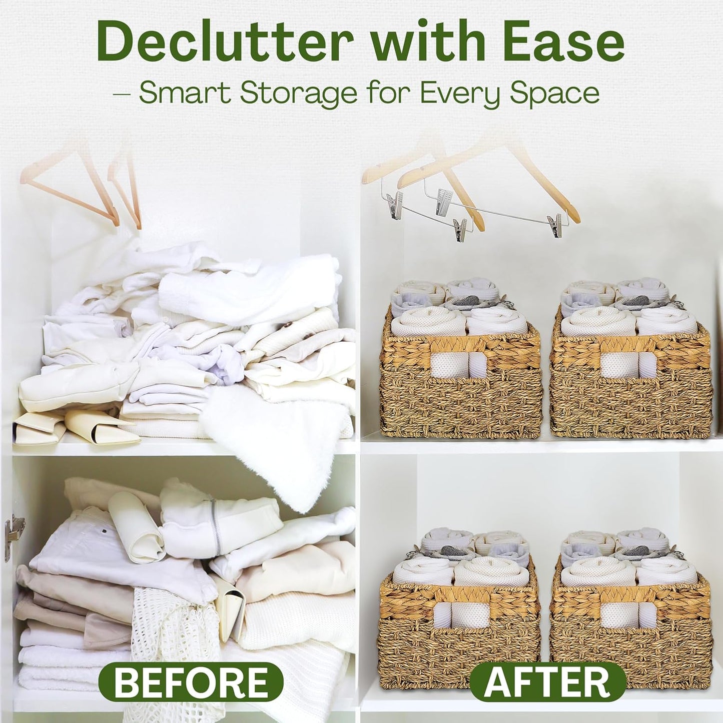 Medium Wicker Basket for Storage, Natural, Seagrass and Hyacinth Woven Baskets for Décor with Built-In Handles, Rectangular, Shelf Organizing for Bedroom, Pantry - Medium Size - 15.5x9.5x6.5 in