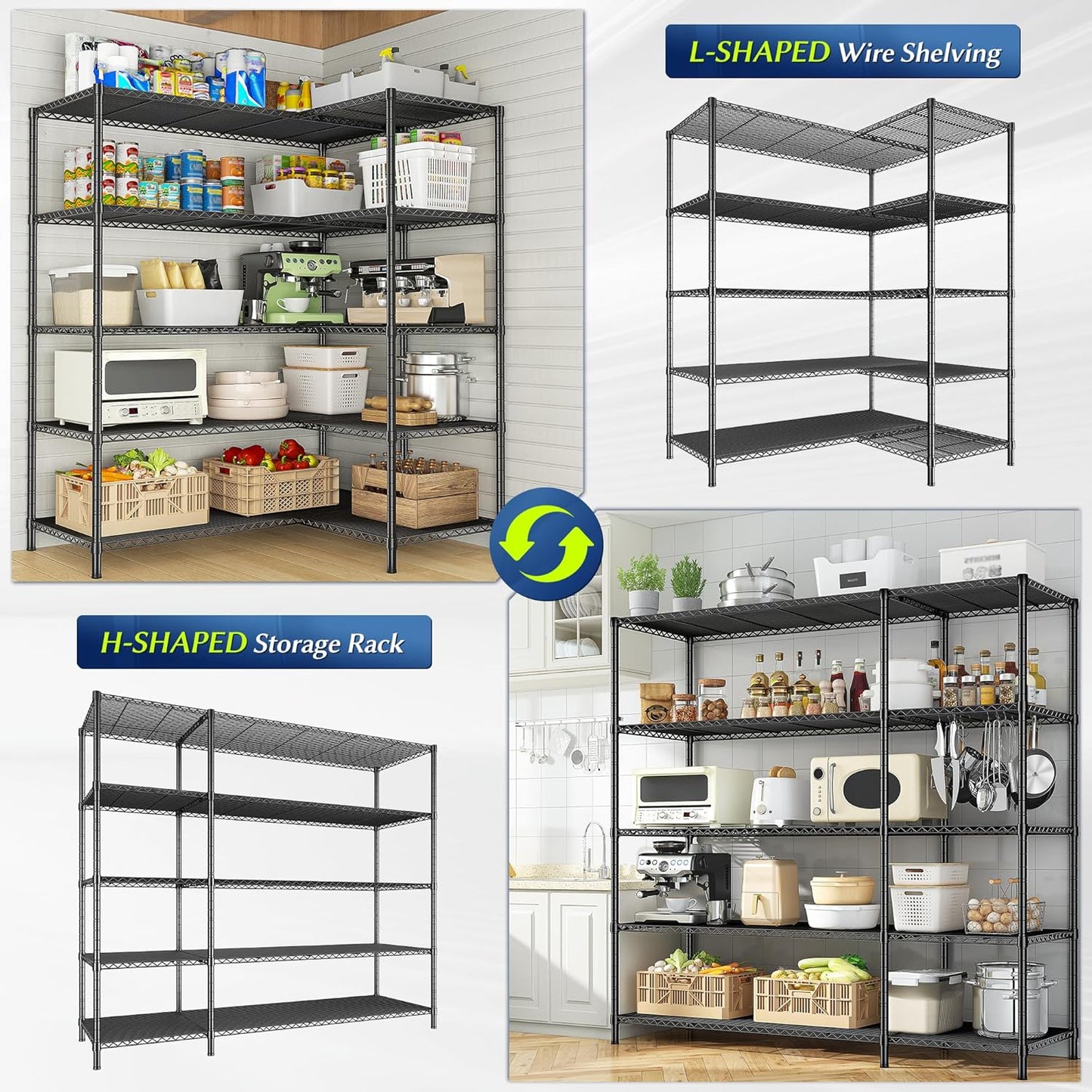 52.36" W Storage Shelves Metal Shelving Unit Load 1400LBS 5 Tier Wire Rack for Storage Adjustable Garage Shelving Heavy Duty Shelves for Pantry Kitchen Garage, 52.36W x13.78Dx70.8H