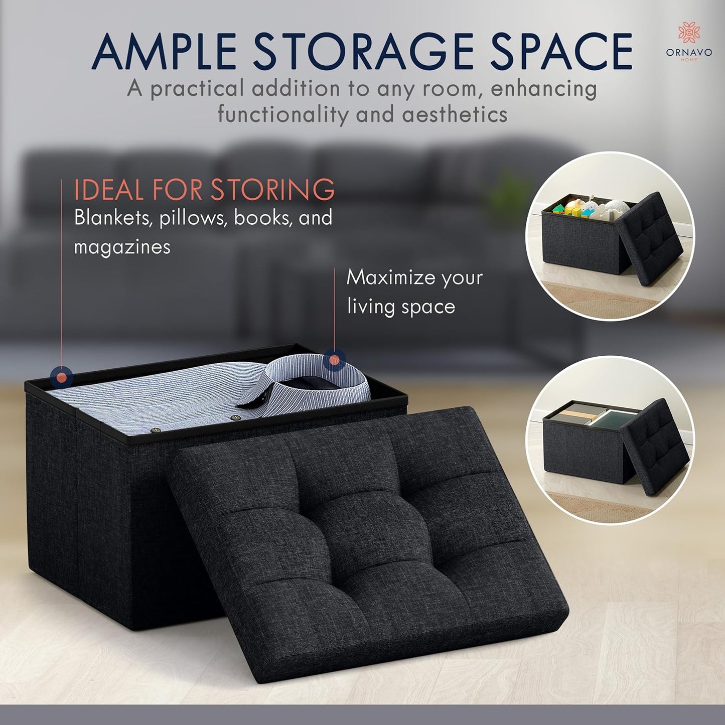 Ornavo Home Small Storage Ottoman Foldable Collapsible Rectangle Linen Ottoman Foot Rest Stool Seat, for Living Room, Bedroom, Home Office, Dorm - 12 x 16 x 12, Black