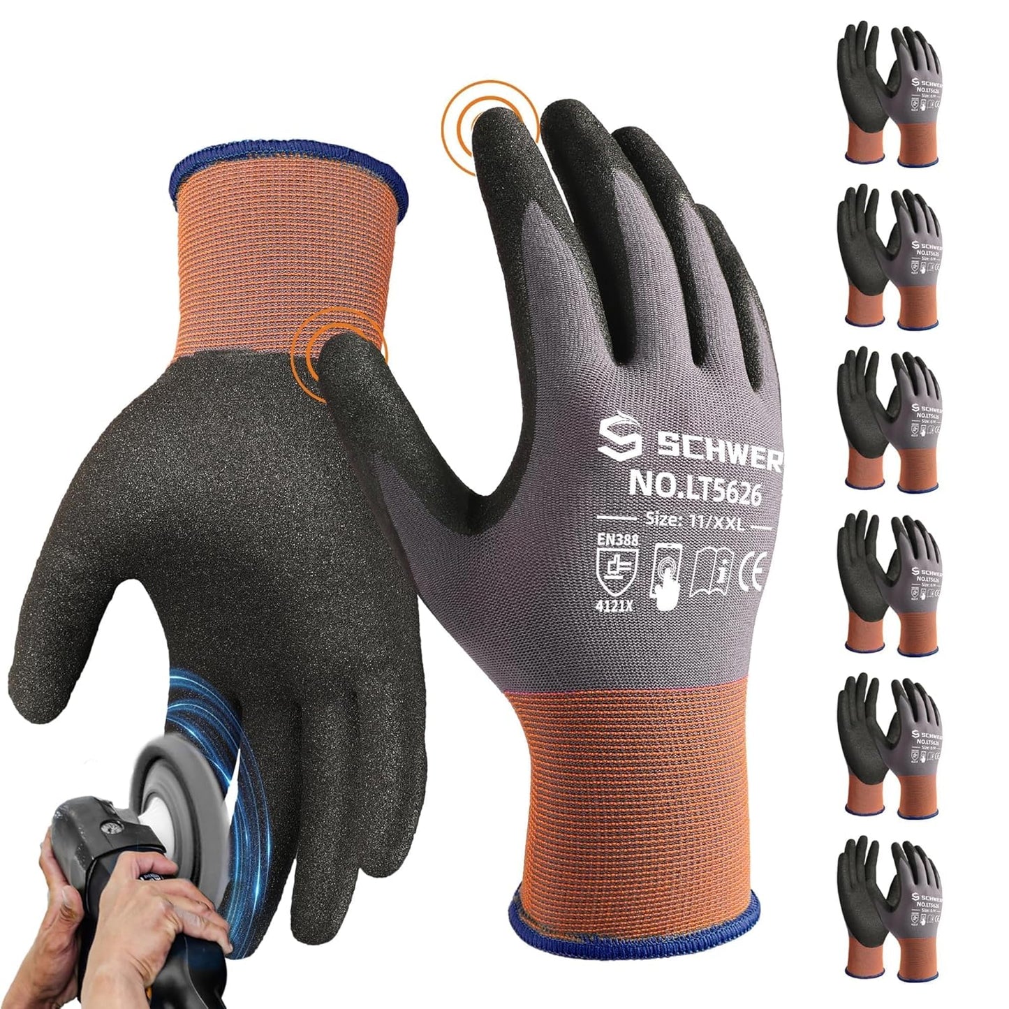 Schwer 6 Pairs Safety Work Gloves with Sandy Nitrile Coating LT5626, Max Abrasion Resistance Heavy Duty Gloves with Grip for Men Women, Ideal for General Use, Mechanic, Construction, Gardening, 2XL