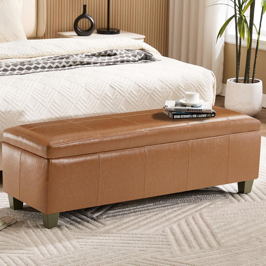 51" Faux Leather Storage Ottoman, Stitch Tufted Rectangle Upholstered End of Bed Storage Bench, Entryway Large Couch Ottoman with Wooden Legs, Light Brown