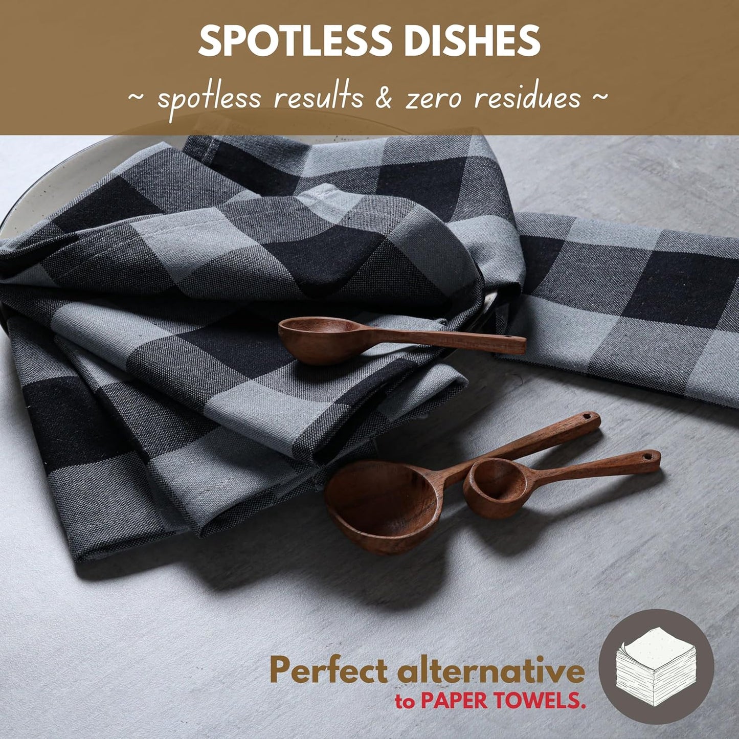 Native Fab 12 Pack Buffalo Check Kitchen Dish Towels, Cotton, Durable, Washable 16"x26" - Tea Towels, Soft Absorbent Cleaning Towel, Hand Towels with Hanging Loop - Black, Grey