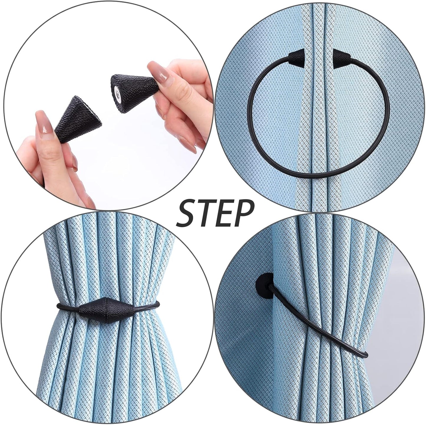 2 PCS Magnetic Curtain Tiebacks, European Style Convenient Drape Tie Backs Holdbacks for Thin or Thick Home & Office Window Draperies, No Tools Required-Black
