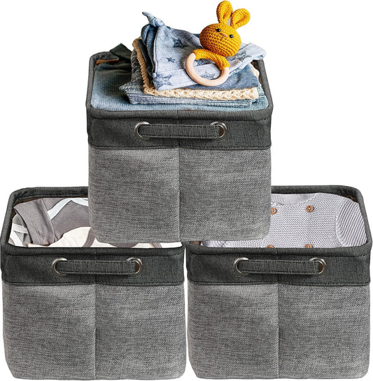 SIMPLE HOUSEWARE Large Fabric Storage Bin, 14.4" x 10" with Handles, 3-Pack, Foldable Organizer for Closet and Shelf, Dark Gray
