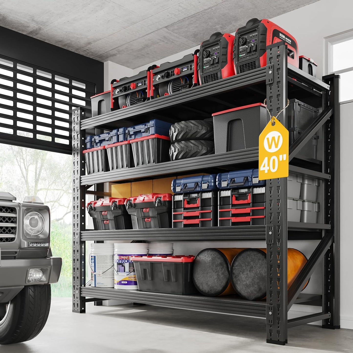 3000LBS Metal Steel Storage Shelves - 40" W Black 4 Tier Heavy Duty Rack Commercial Industrial Shelving with Adjustable Shelf for Basement Garage Warehouse - 40" W x 19.5" D x 59.5" H