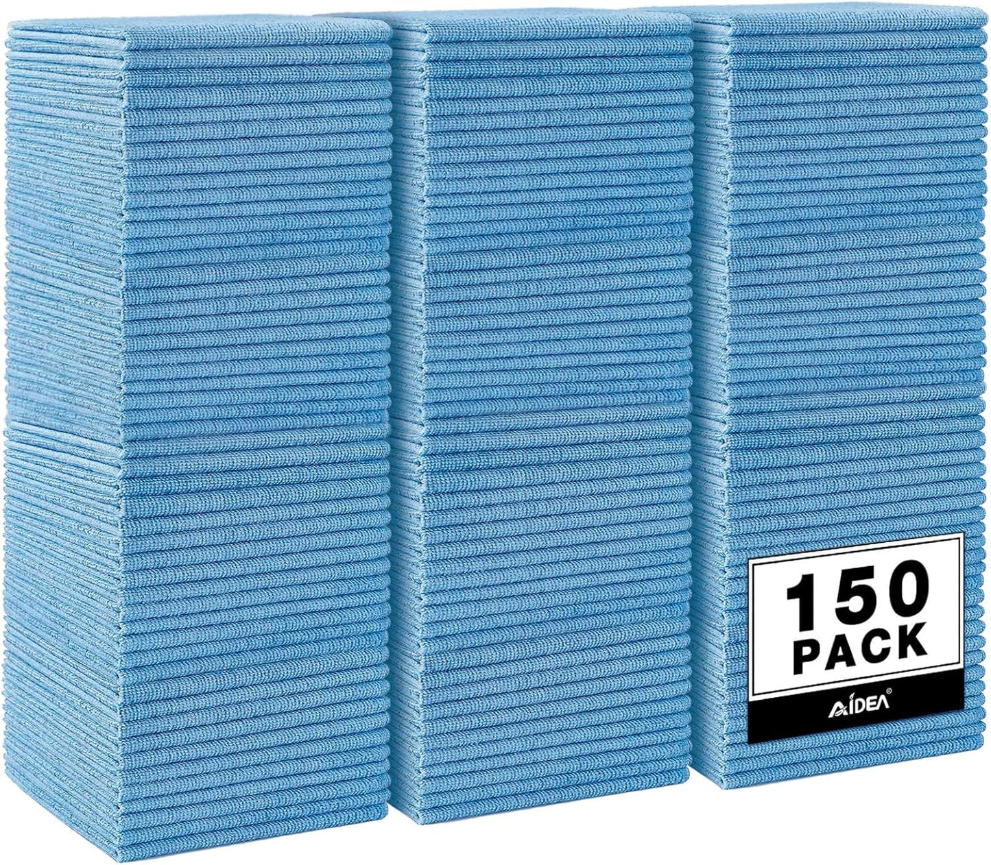 AIDEA Microfiber Cleaning Cloth Blue,150PK, Shop Rags, Microfiber Towels for Cars, Dusting Cloth Lint Free Rags, Absorbent Towels for SUVs, House, Kitchen, Mechanic, Workshops, 12"×12"