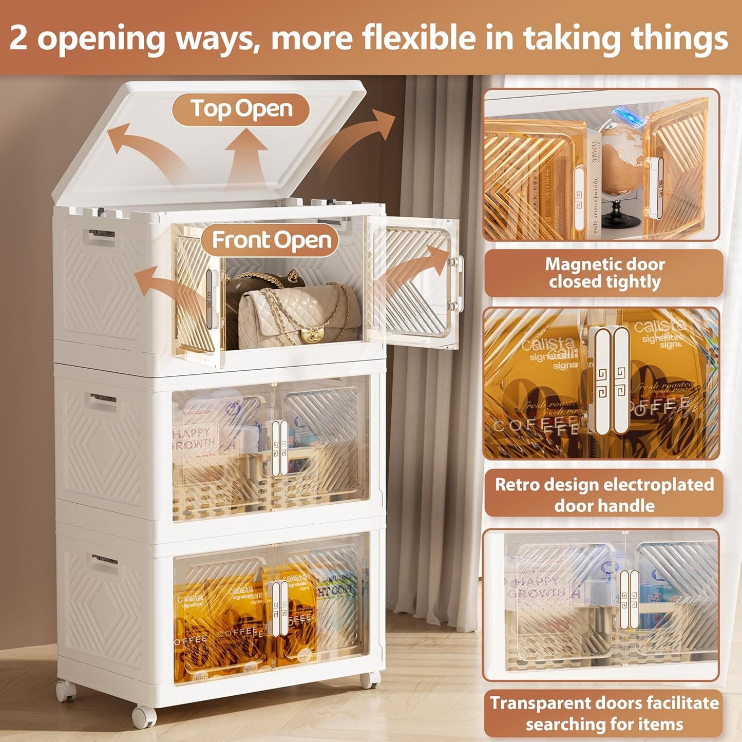 Storage Bins with Lid 76QT, Stackable Storage Containers with Wheels and Magnetic Doors, Plastic Clothes Closet Organizers and Storage Box for Pantry, Home and Office (3 Pack)