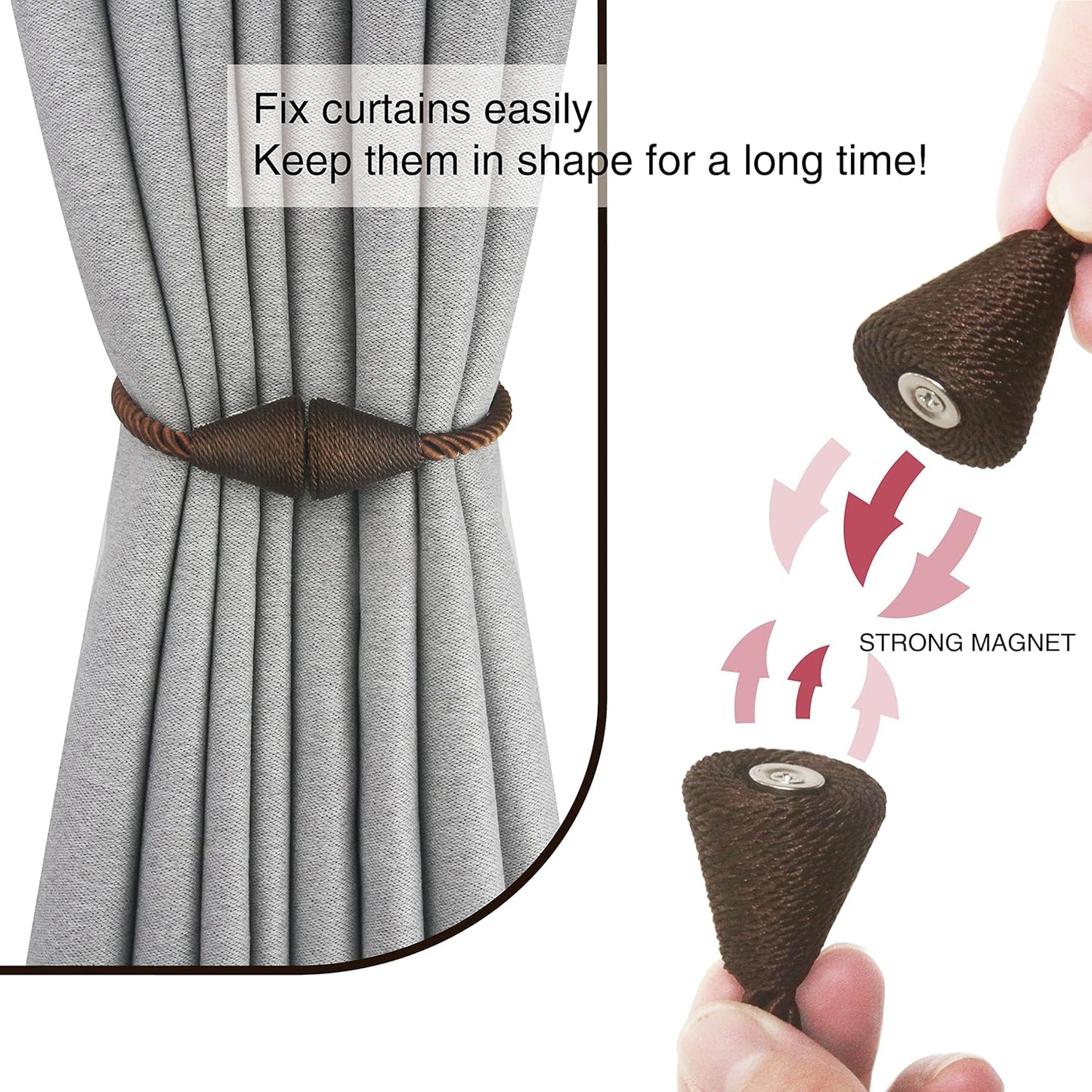 2 Pack Magnetic Curtain Tiebacks Rope Modern Handmade Curtain Tie Backs Decorative Drapes Weave Holdbacks for Window Décor, Coffee