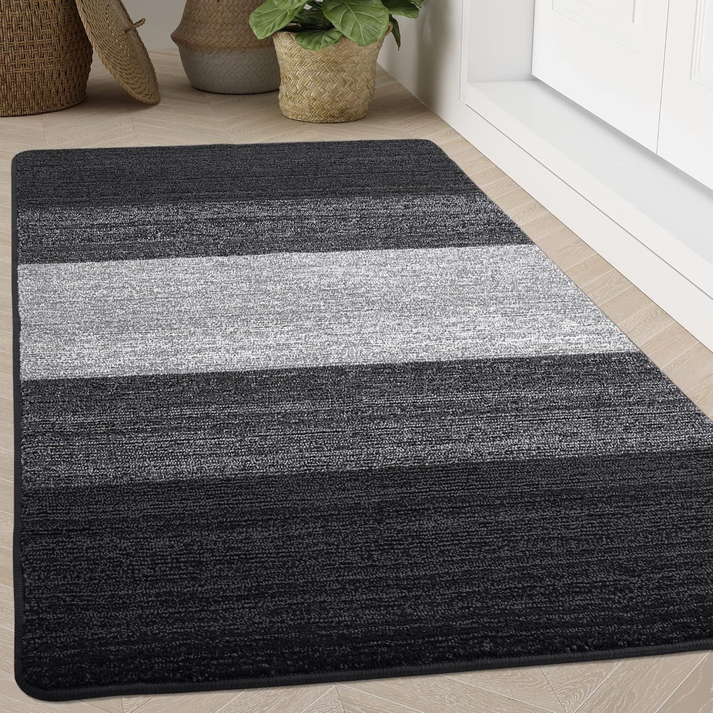 Kitinjoy Indoor Outdoor Door Mat, 71x47 Non-Slip Absorbent Dirt Trapper, Low-Profile Washable Inside Entrance Front Floor Mat, Sturdy Soft Entry Doormats for Entryway, Black