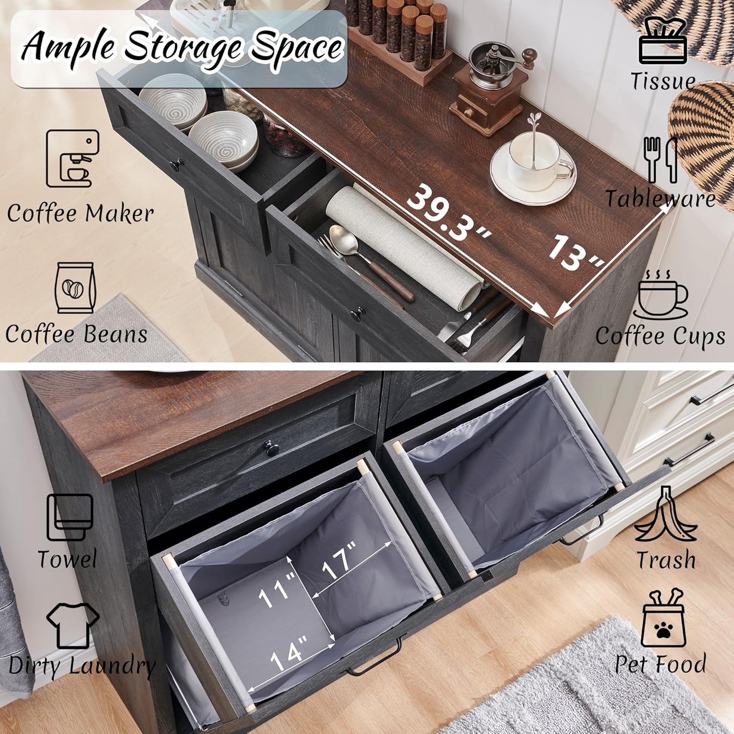 Double Tilt Out Laundry Hamper Cabinet, 20 Gallon Farmhouse Trash Can Cabinet with Drawer, Hidden Wood Garbage Can Bin Cabinet with Laundry Storage Basket for Bathroom, Kitchen, Dark Grey