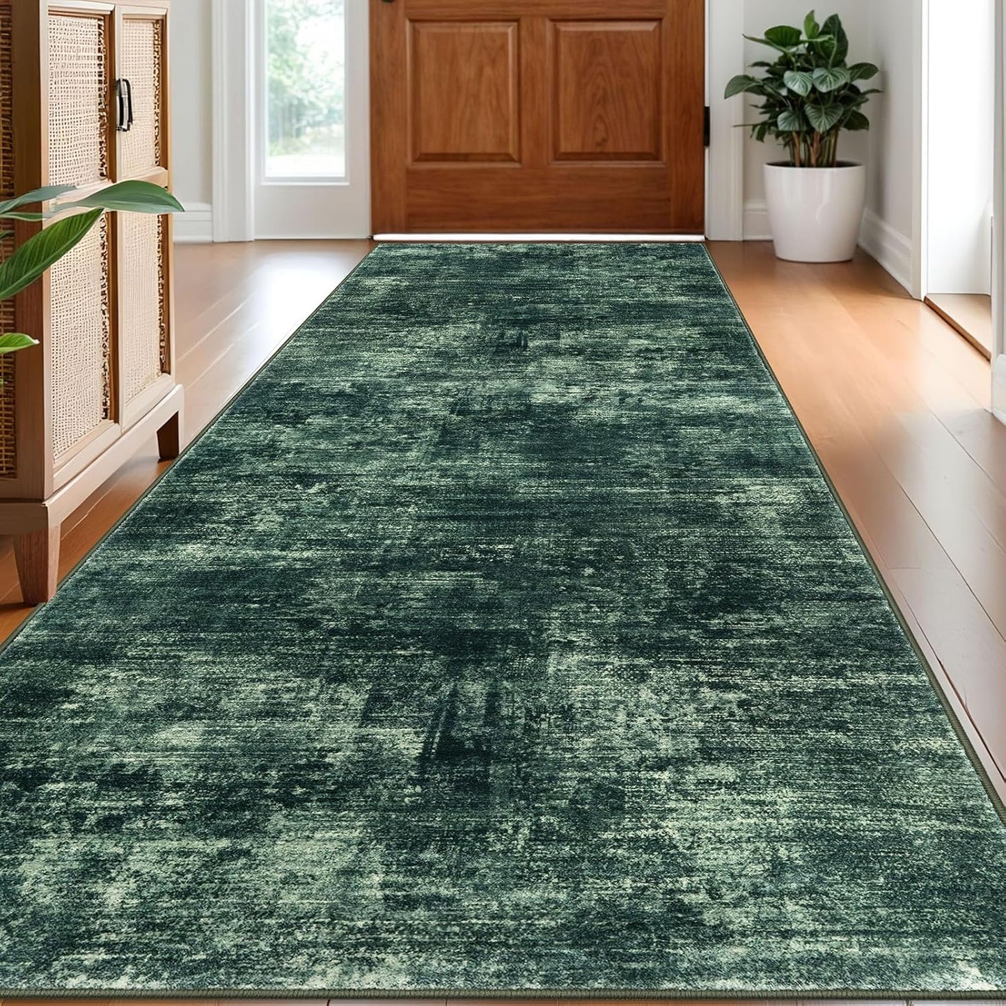 IOHOUZE Abstract Runner Rug 3x8 Ft Washable Runners for Hallways, Non Slip Kitchen Runner Printed Faux Wool Entryway Runner Indoor, Modern Abstract Floor Carpet for Hall Bedroom, Dark Green
