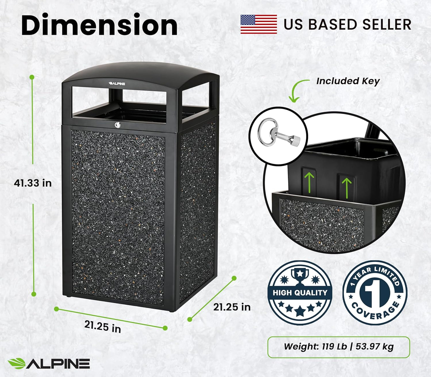 Alpine Outdoor Commercial Trash Can with Lid - 40 Gallon Heavy Duty Metal Garbage Can with Removable Bin, Locking Lid for a Modern Look in Park, Mall & High Traffic Areas - Black, Grey Stone Panels