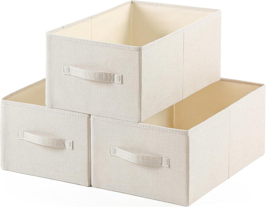 Linen Folding Storage Bins, 3 Pack Large Storage Baskets, Washable, Clothing Storage Bins with Handle, Closet Organizer for Storage Sweater,Sheets(Beige, 18½"x11" x8½")