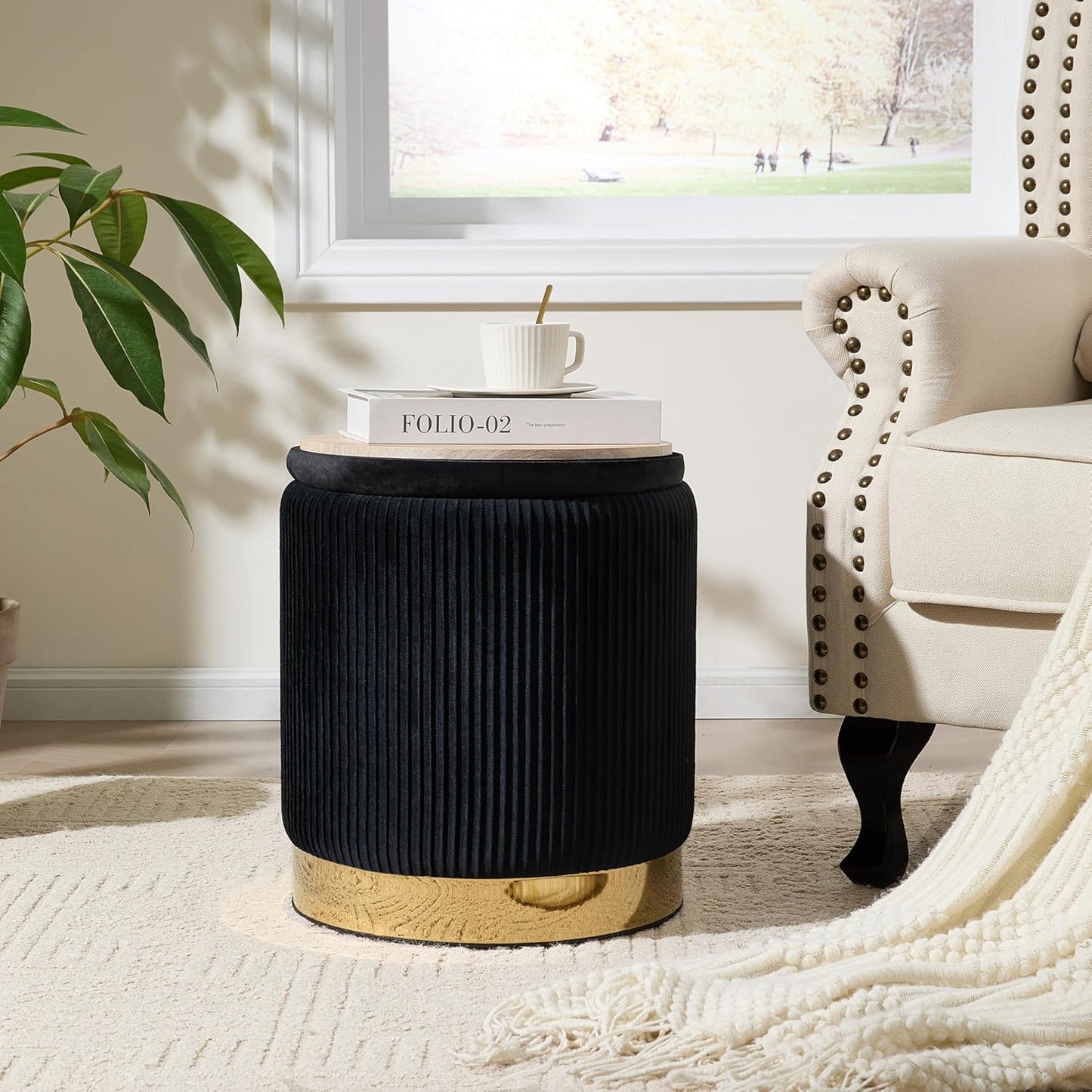 Royal Windsor Round Ottoman with Storage Set of 2, Vanity Stool with Storage for Bedroom, Ottoman Coffee Table Gold-Tone Ring Around The Base, Small Velvet Foot Stool for Living Room, Black