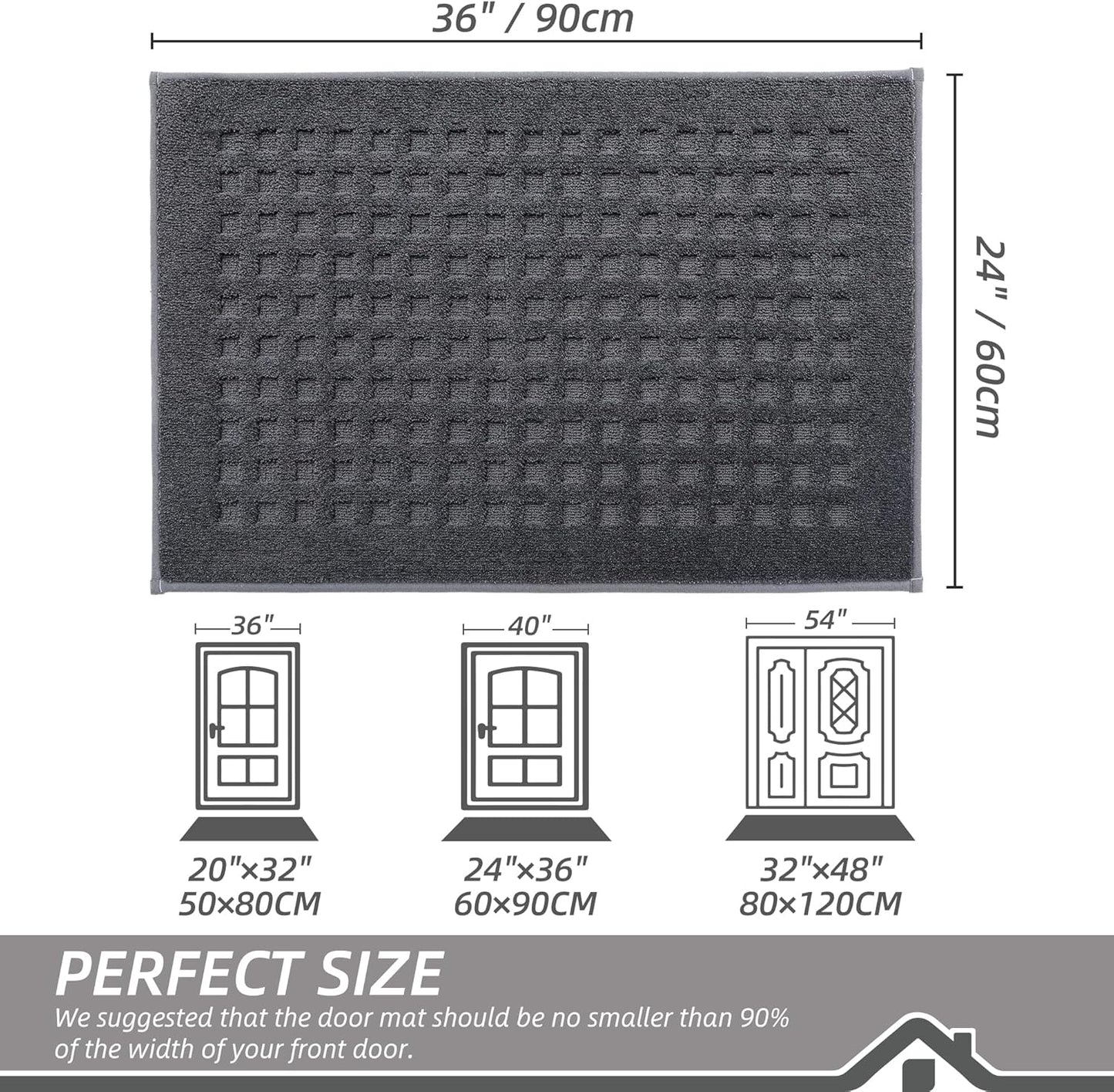 BEQHAUSE Waffle Door Mats Indoor 24"x36", Dog Mat for Muddy Paws Absorbent and Dirt Resist Floor Mats Non-Slip Washable Rugs for Entryway, Welcome Mat for Front Back Door, Muddy Wet Shoes, Dark Grey